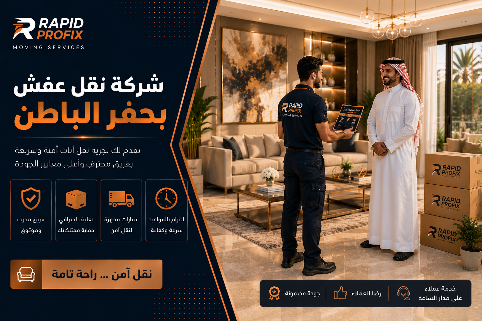 فني نقل عفش يشرح للعميل انتهاء عملية نقل وترتيب الأثاث داخل المنزل في حفر الباطن.