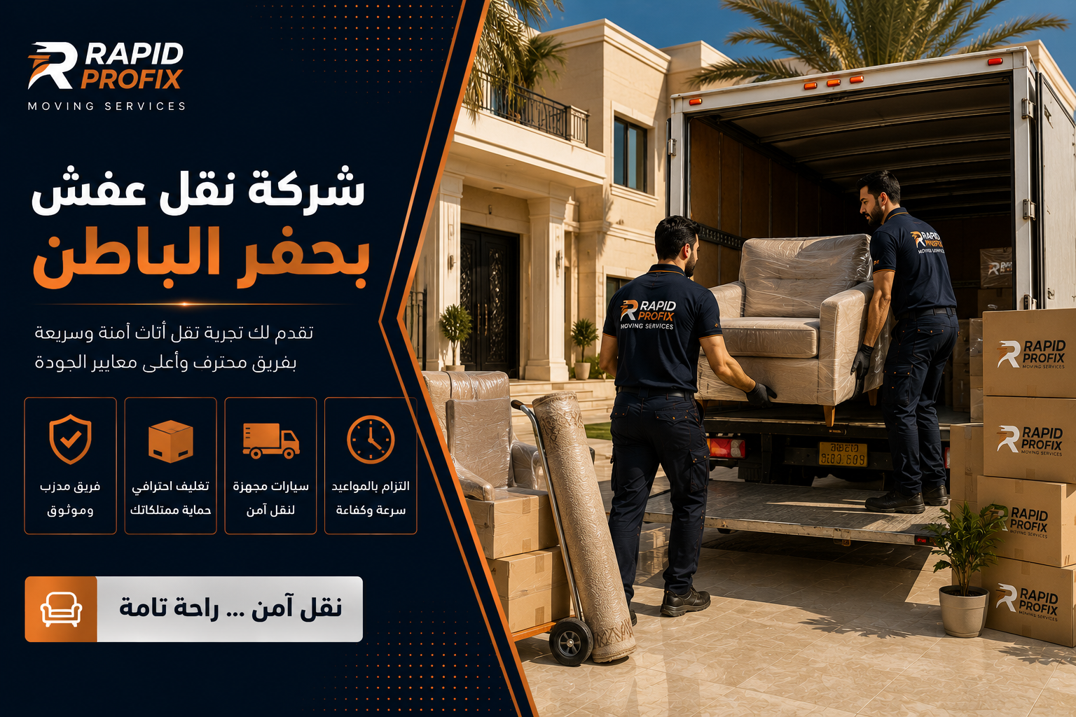 فريق نقل عفش يصل إلى منزل في حفر الباطن مع شاحنة نقل ومعدات تغليف وتجهيز الأثاث.