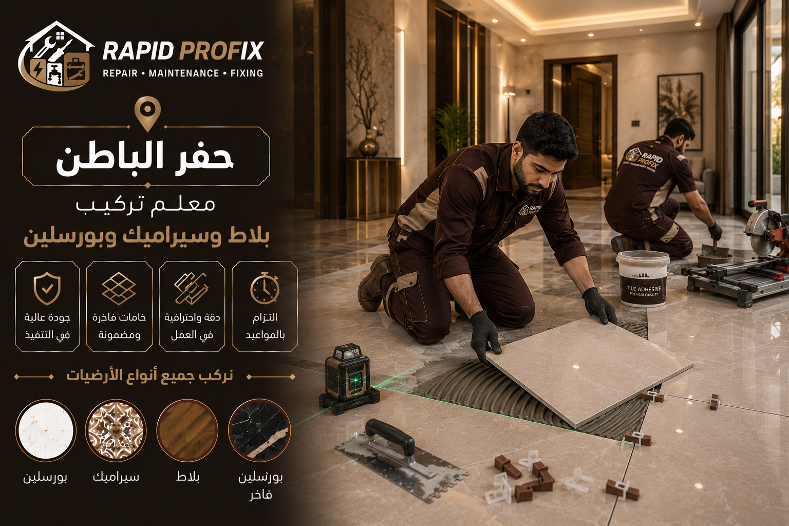 معلم تركيب بلاط وسيراميك وبورسلين بحفر الباطن يقوم بتركيب البلاط داخل منزل حديث باستخدام أدوات احترافية.