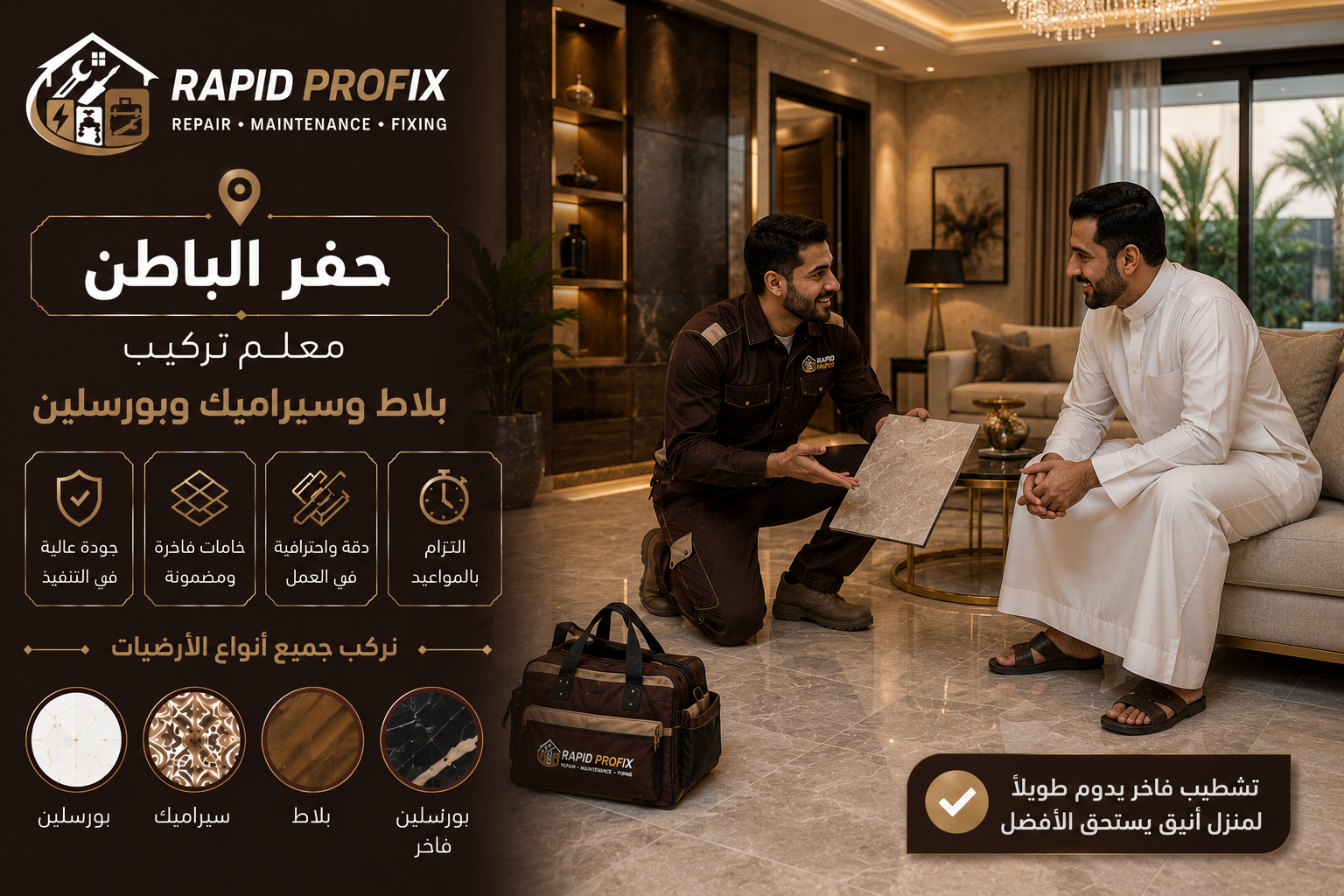 معلم تركيب بلاط وسيراميك وبورسلين بحفر الباطن يشرح للعميل التشطيبات النهائية بعد الانتهاء من تركيب البلاط.