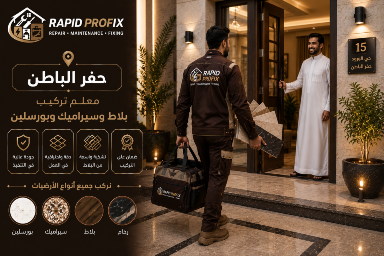 معلم تركيب بلاط وسيراميك وبورسلين بحفر الباطن يصل إلى منزل العميل لبدء أعمال التركيب والتشطيب باحترافية.
