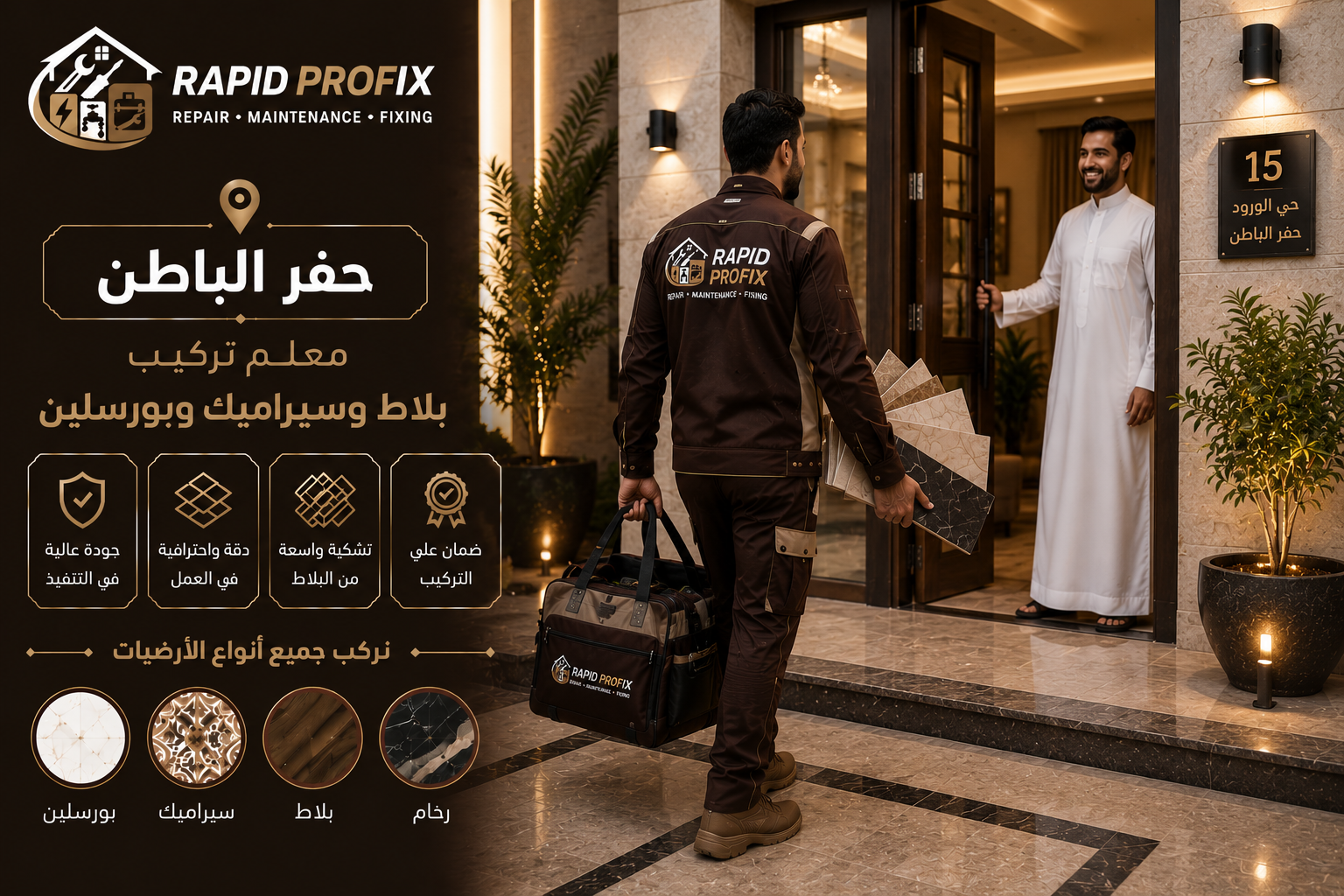 معلم تركيب بلاط وسيراميك وبورسلين بحفر الباطن يصل إلى منزل العميل لبدء أعمال التركيب والتشطيب باحترافية.
