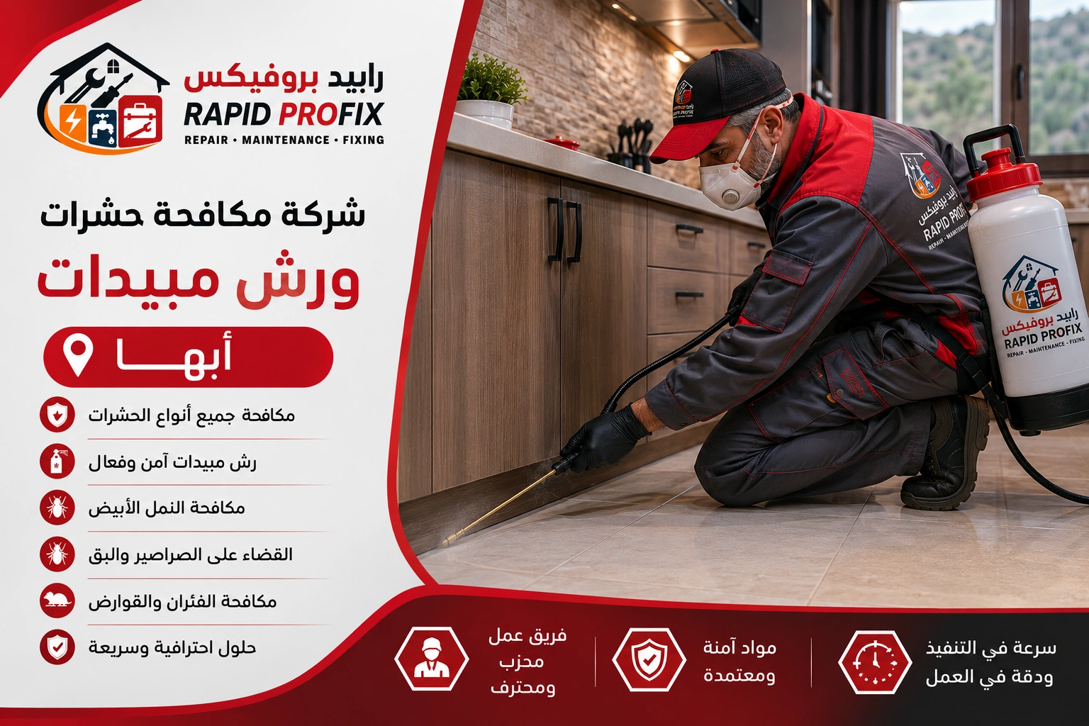 فني شركة مكافحة حشرات ورش مبيدات أبها أثناء تنفيذ أعمال رش المبيدات ومكافحة الحشرات باستخدام أحدث المعدات والمبيدات المعتمدة داخل المنزل.