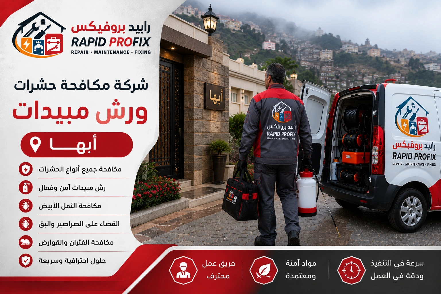 وصول فريق شركة مكافحة حشرات ورش مبيدات أبها إلى موقع الخدمة مجهزًا بأحدث معدات رش المبيدات لبدء أعمال مكافحة الحشرات داخل المنازل والفلل والمنشآت.