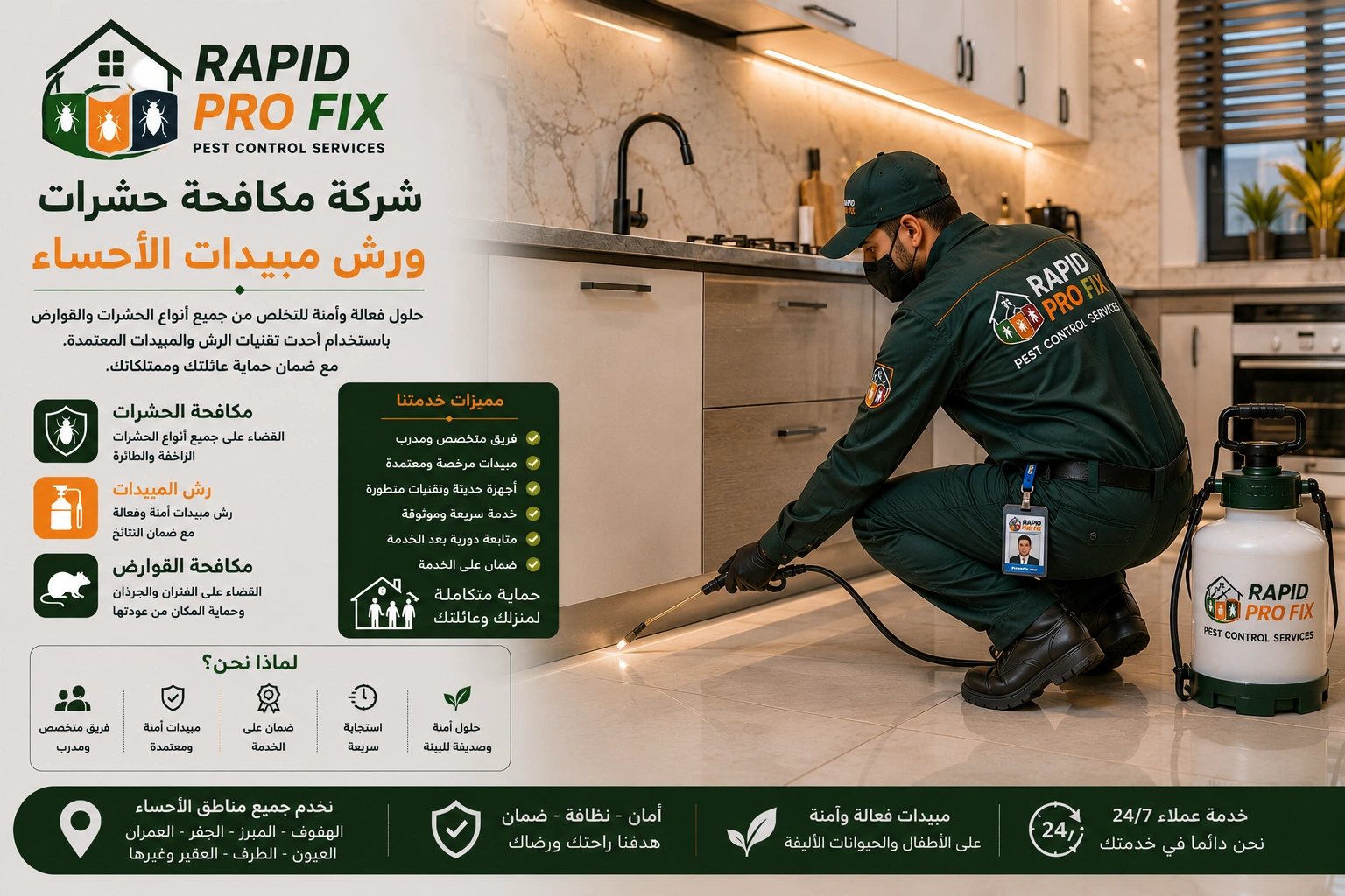 فني شركة مكافحة حشرات ورش مبيدات الأحساء أثناء تنفيذ أعمال رش المبيدات ومكافحة الحشرات باستخدام أحدث المعدات والمبيدات الآمنة داخل المنزل.