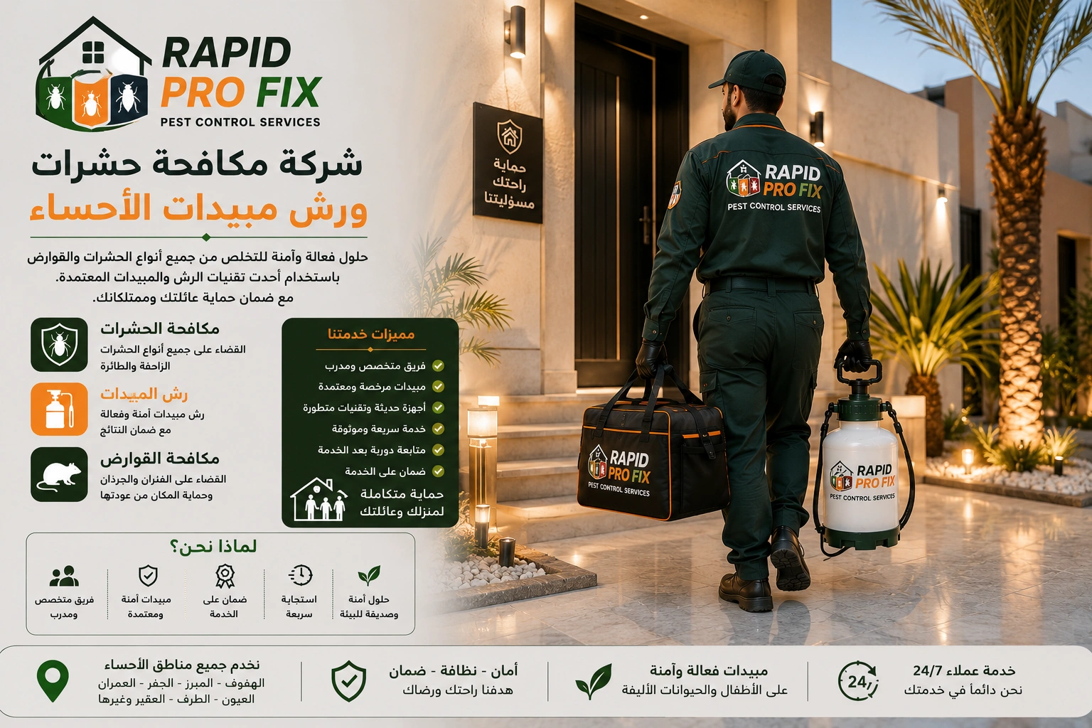 وصول فريق شركة مكافحة حشرات ورش مبيدات الأحساء إلى موقع الخدمة مجهزًا بأحدث معدات رش المبيدات لبدء أعمال مكافحة الحشرات داخل المنازل والفلل والمنشآت.