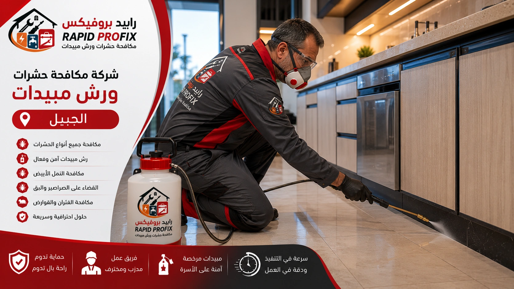 فني شركة مكافحة حشرات ورش مبيدات الجبيل أثناء تنفيذ أعمال رش المبيدات ومكافحة الحشرات باستخدام أحدث المعدات والمبيدات المعتمدة داخل المنزل.