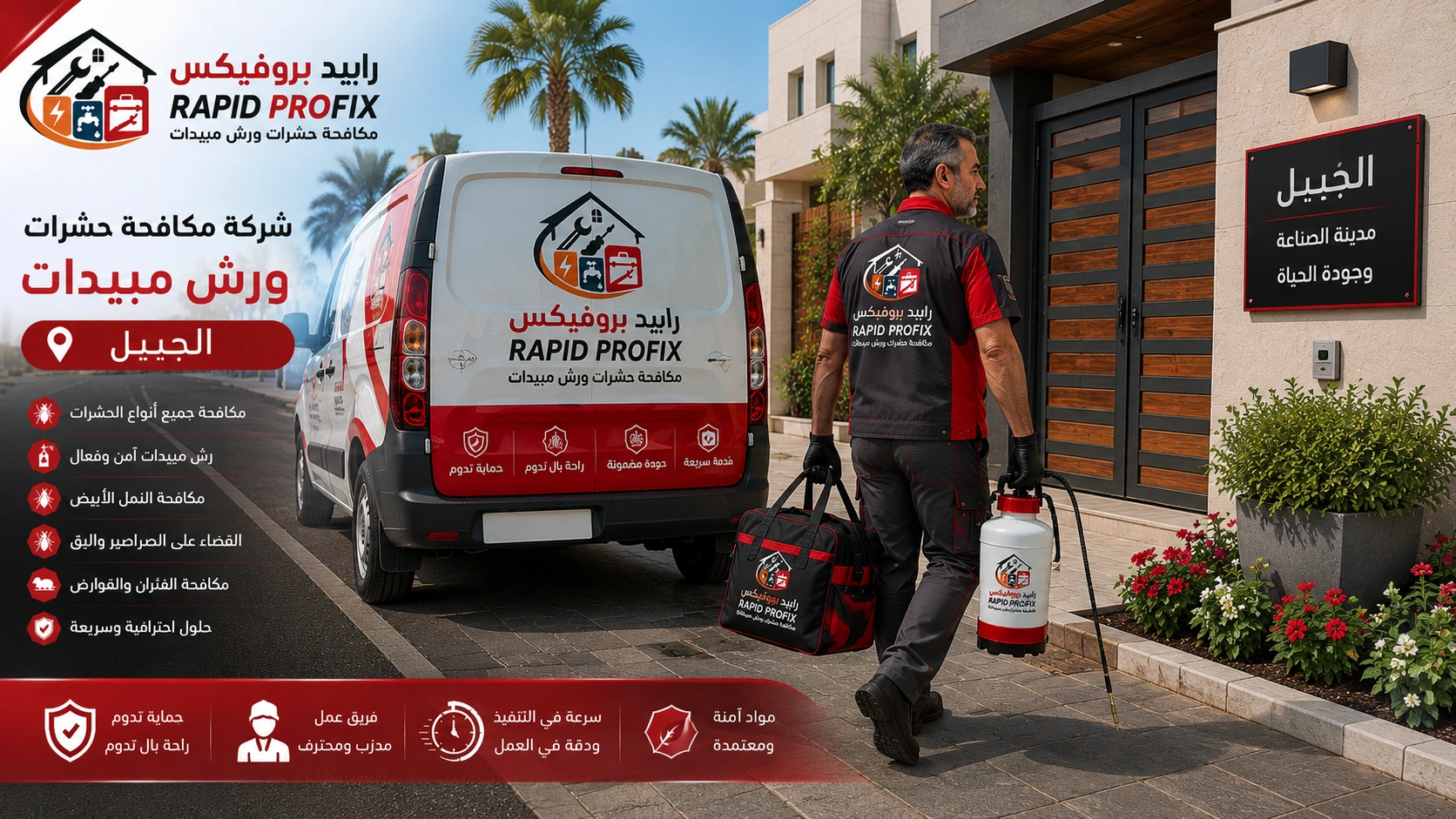 وصول فريق شركة مكافحة حشرات ورش مبيدات الجبيل إلى موقع الخدمة مجهزًا بأحدث معدات رش المبيدات لبدء أعمال مكافحة الحشرات داخل المنازل والفلل والمنشآت.