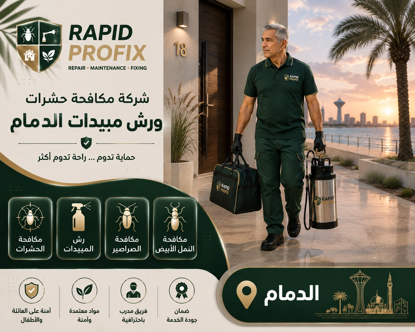 فني شركة مكافحة حشرات ورش مبيدات الدمام بعد الانتهاء من أعمال مكافحة الحشرات وتجهيز المعدات استعدادًا للمغادرة.