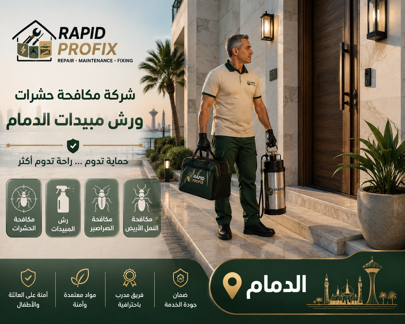 وصول فريق شركة مكافحة حشرات ورش مبيدات الدمام إلى موقع الخدمة مع تجهيز أحدث معدات رش المبيدات لبدء أعمال مكافحة الحشرات داخل المنازل والفلل والمنشآت.