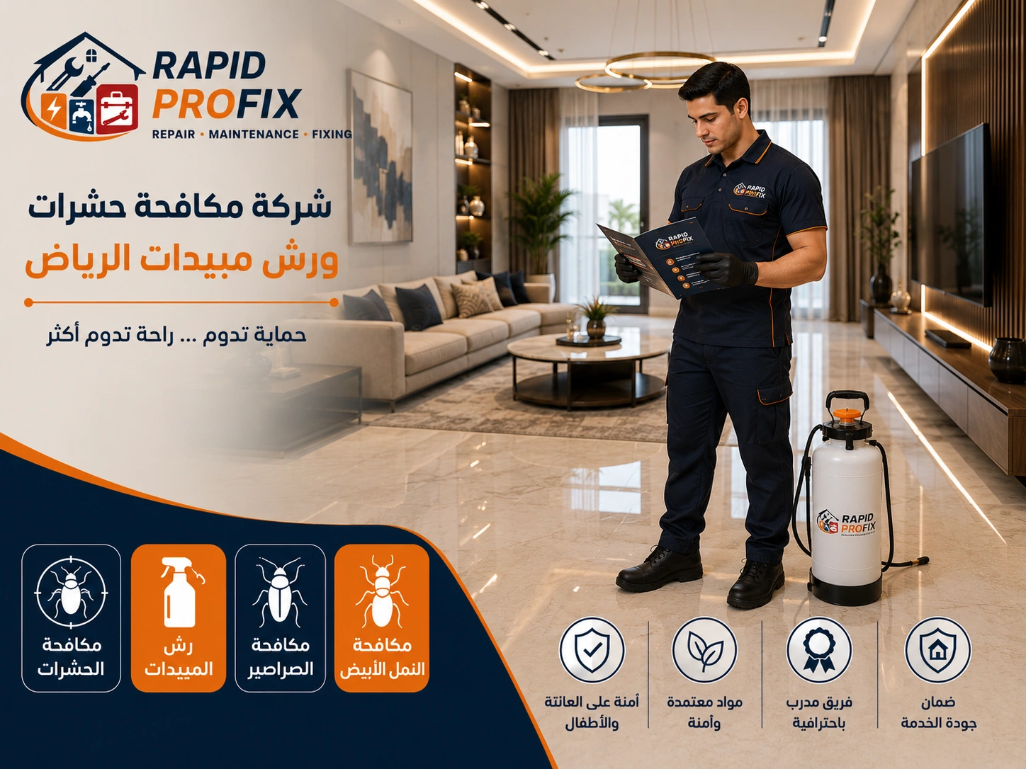 فني شركة مكافحة حشرات ورش مبيدات الرياض بعد الانتهاء من الخدمة وتجهيز المعدات استعدادًا للمغادرة عقب تنفيذ أعمال رش المبيدات.