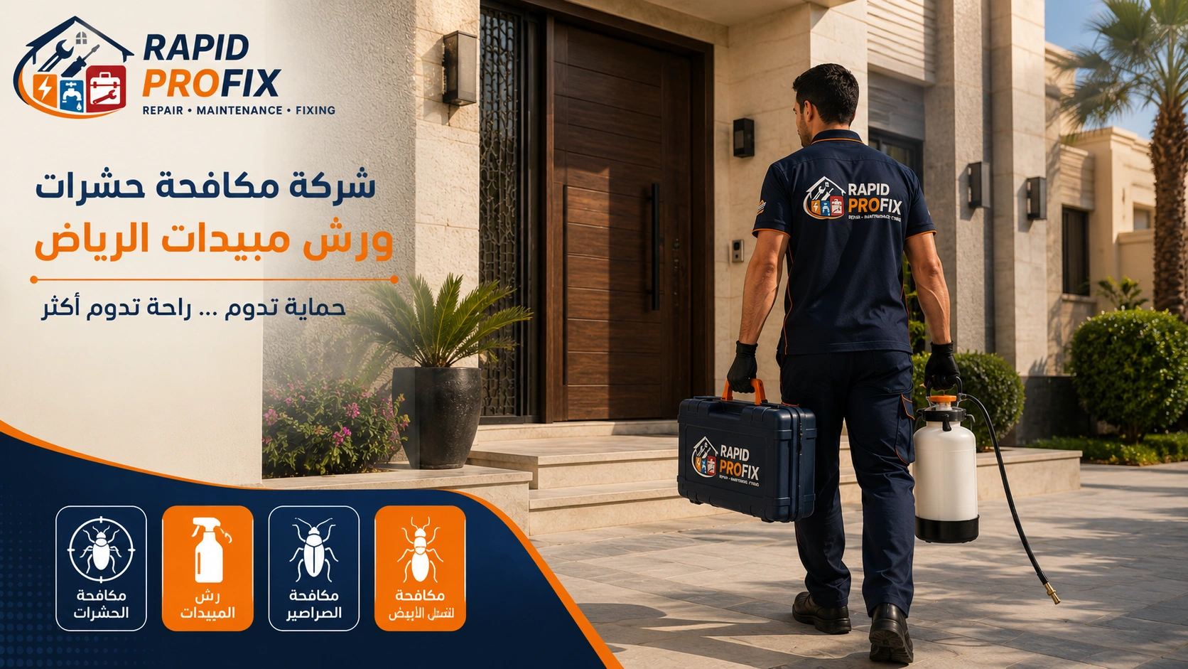 وصول فريق شركة مكافحة حشرات ورش مبيدات الرياض إلى موقع الخدمة مجهزًا بأحدث معدات رش المبيدات لبدء أعمال مكافحة الحشرات داخل المنازل والفلل والمنشآت.