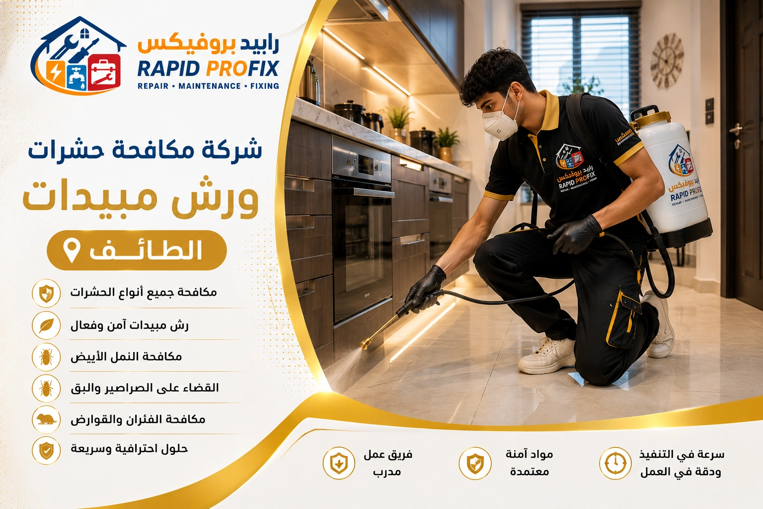 فني شركة مكافحة حشرات ورش مبيدات الطائف أثناء تنفيذ أعمال رش المبيدات ومكافحة الحشرات باستخدام أحدث المعدات والمبيدات المعتمدة داخل المنزل.