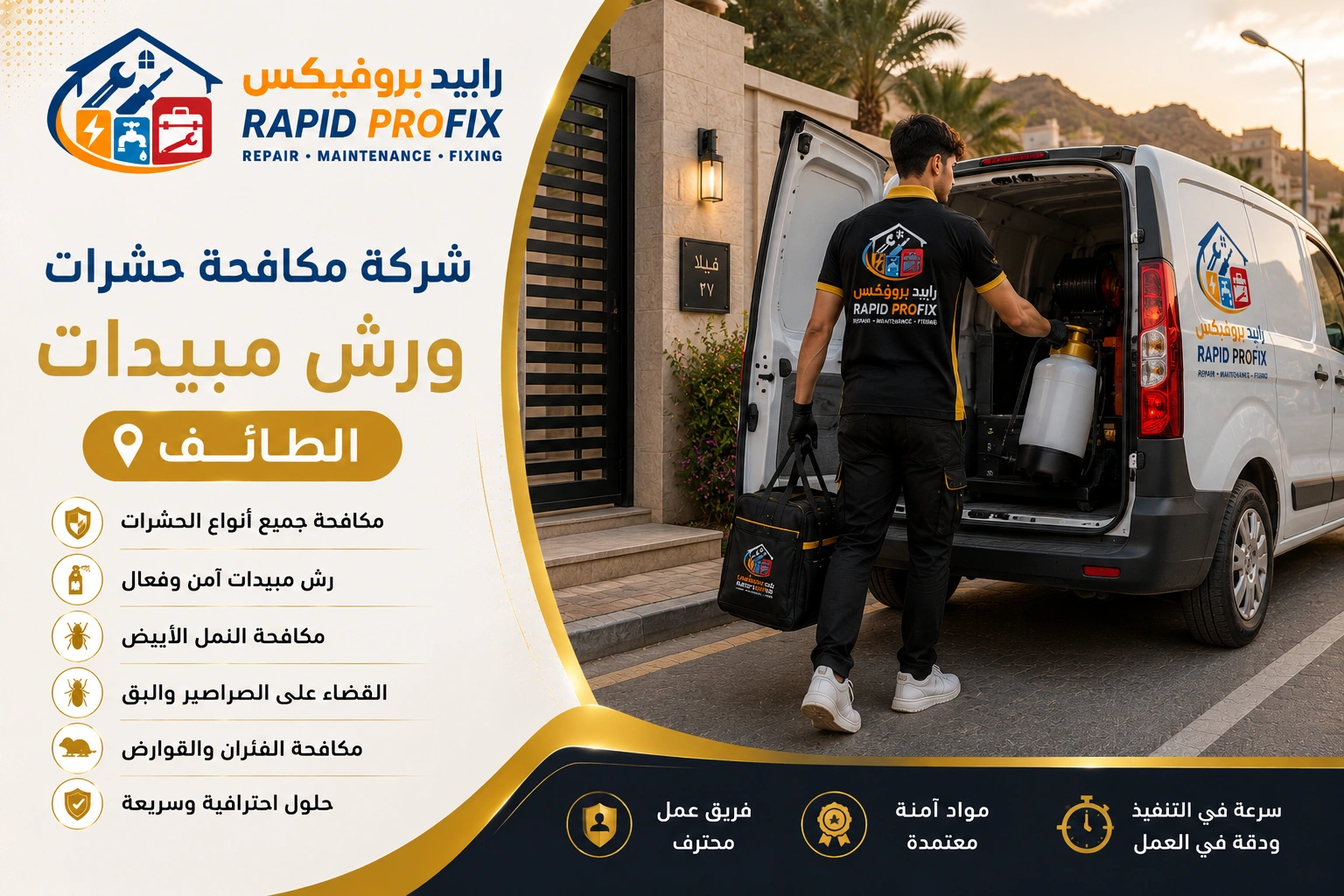 فني شركة مكافحة حشرات ورش مبيدات الطائف بعد الانتهاء من أعمال مكافحة الحشرات وتجهيز المعدات استعدادًا للمغادرة.