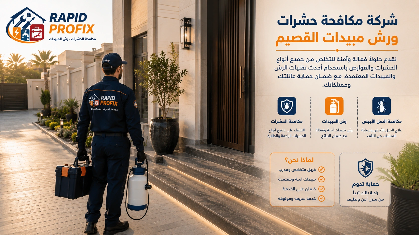 وصول فريق شركة مكافحة حشرات ورش مبيدات القصيم إلى موقع الخدمة مع تجهيز أحدث معدات رش المبيدات لبدء أعمال مكافحة الحشرات والقضاء على جميع الآفات المنزلية.