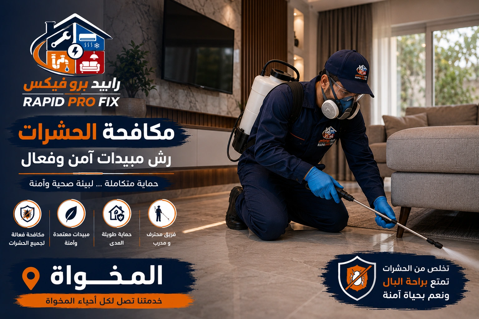 فني شركة مكافحة حشرات ورش مبيدات المخواة أثناء تنفيذ أعمال رش المبيدات والقضاء على الحشرات باستخدام أحدث المعدات والمبيدات المعتمدة داخل المنزل.