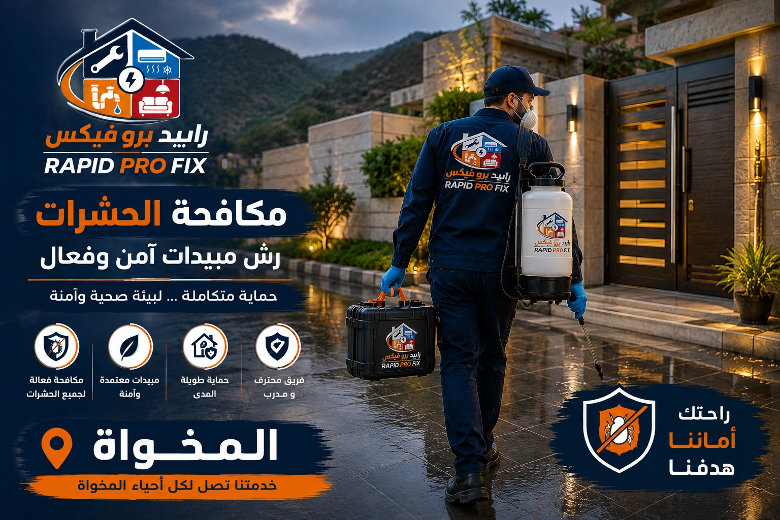 وصول فريق شركة مكافحة حشرات ورش مبيدات المخواة إلى موقع الخدمة مجهزًا بأحدث معدات رش المبيدات لبدء أعمال مكافحة الحشرات داخل المنازل والفلل والمنشآت.
