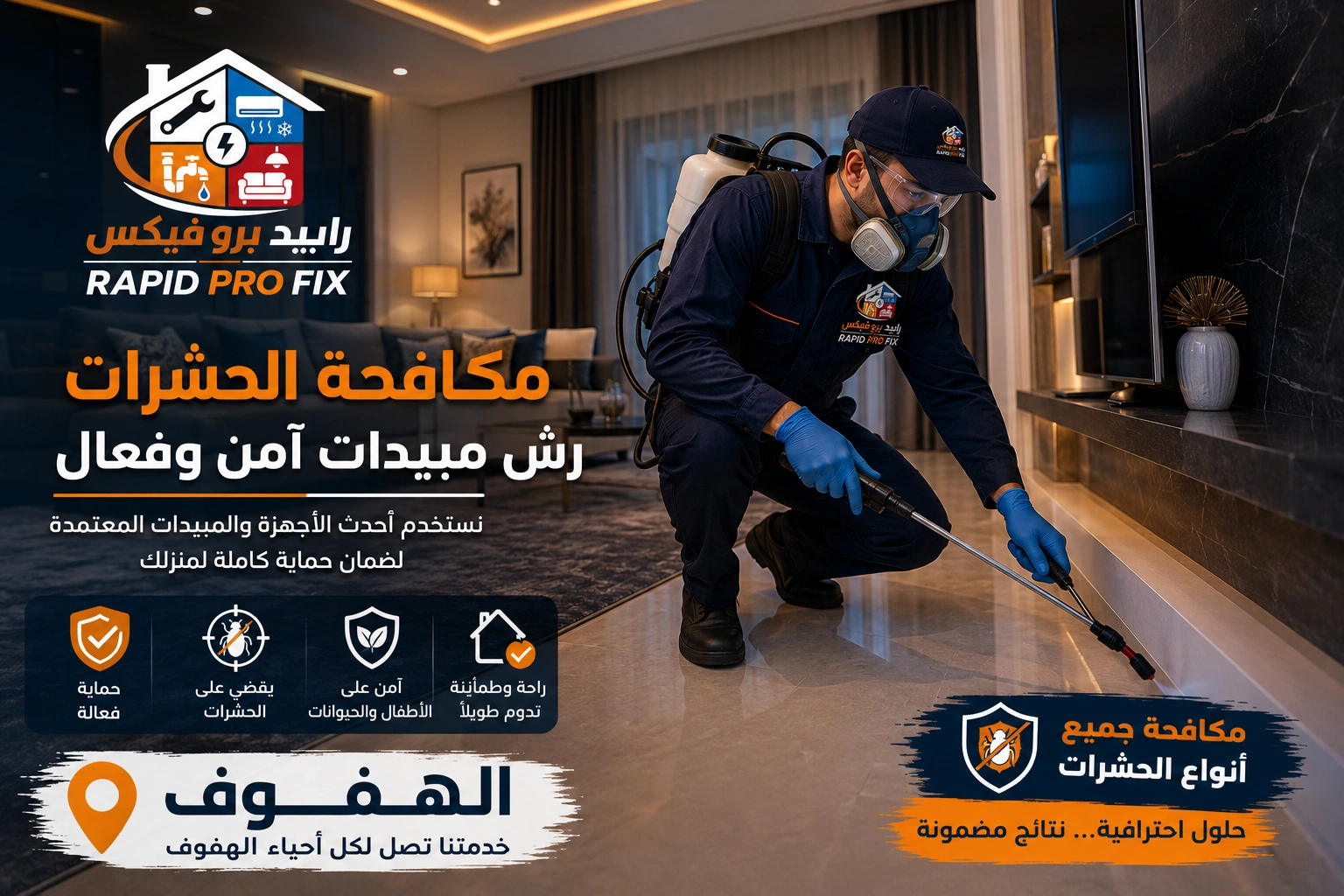 فني شركة مكافحة حشرات ورش مبيدات الهفوف أثناء تنفيذ أعمال رش المبيدات ومكافحة الحشرات باستخدام أحدث التقنيات والمعدات الاحترافية داخل المنزل.
