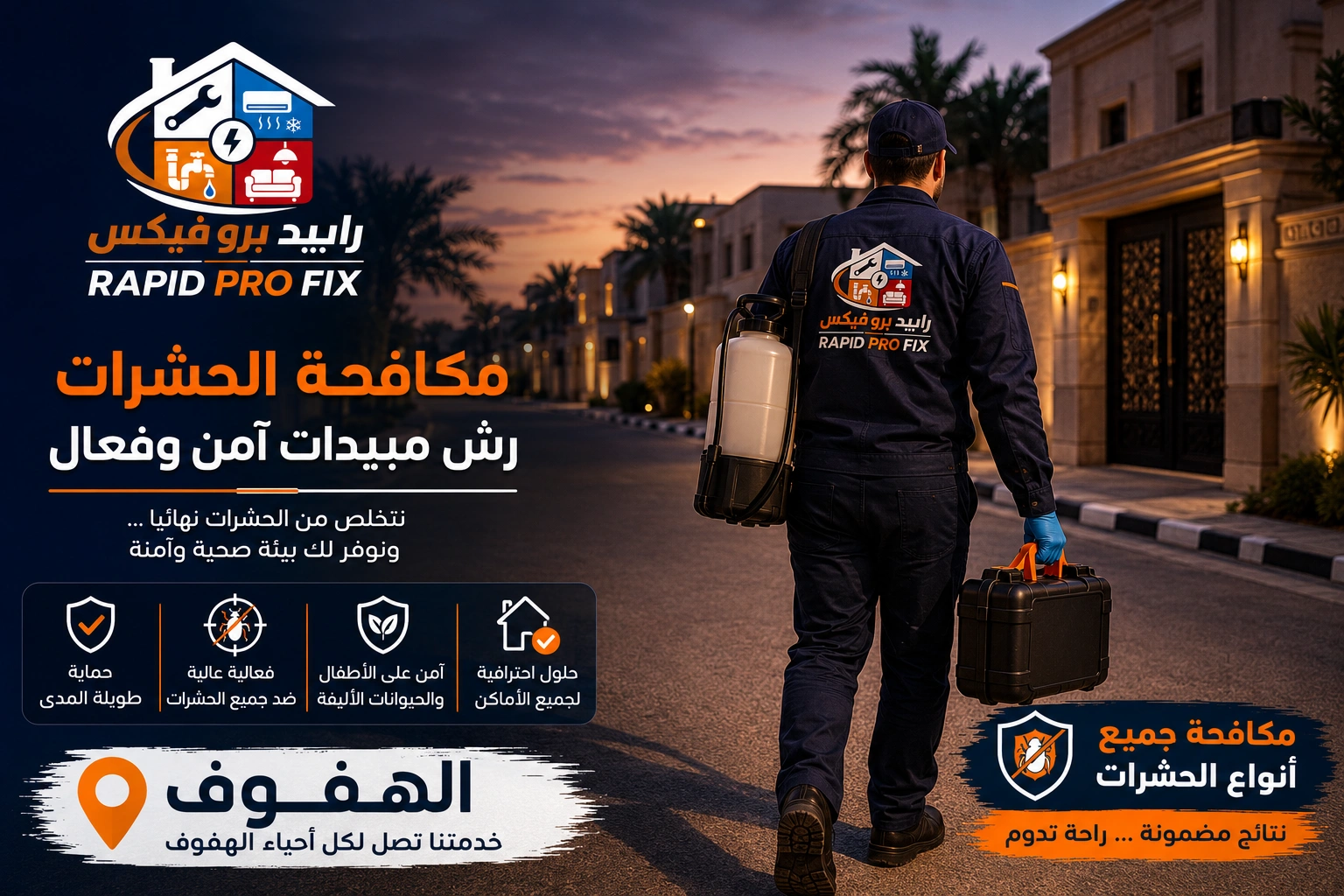 فني شركة مكافحة حشرات ورش مبيدات الهفوف بعد الانتهاء من أعمال مكافحة الحشرات وتحميل المعدات استعدادًا للمغادرة.