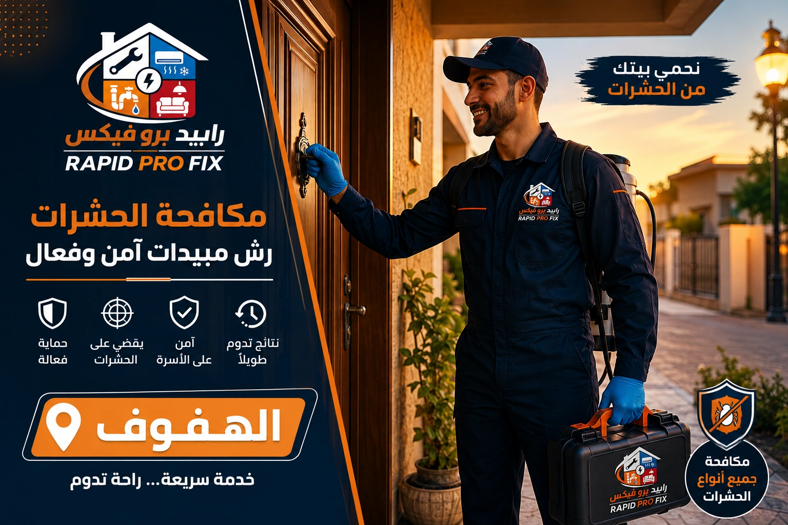 وصول فريق شركة مكافحة حشرات ورش مبيدات الهفوف إلى موقع الخدمة مجهزًا بأحدث معدات رش المبيدات لبدء أعمال مكافحة الحشرات داخل المنازل والفلل والمنشآت.