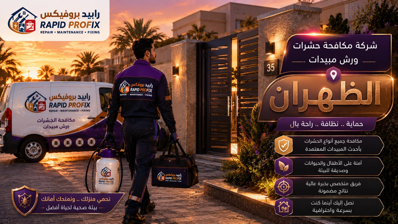 فني شركة مكافحة حشرات ورش مبيدات بالظهران بعد الانتهاء من أعمال مكافحة الحشرات وتجهيز المعدات استعدادًا للمغادرة.