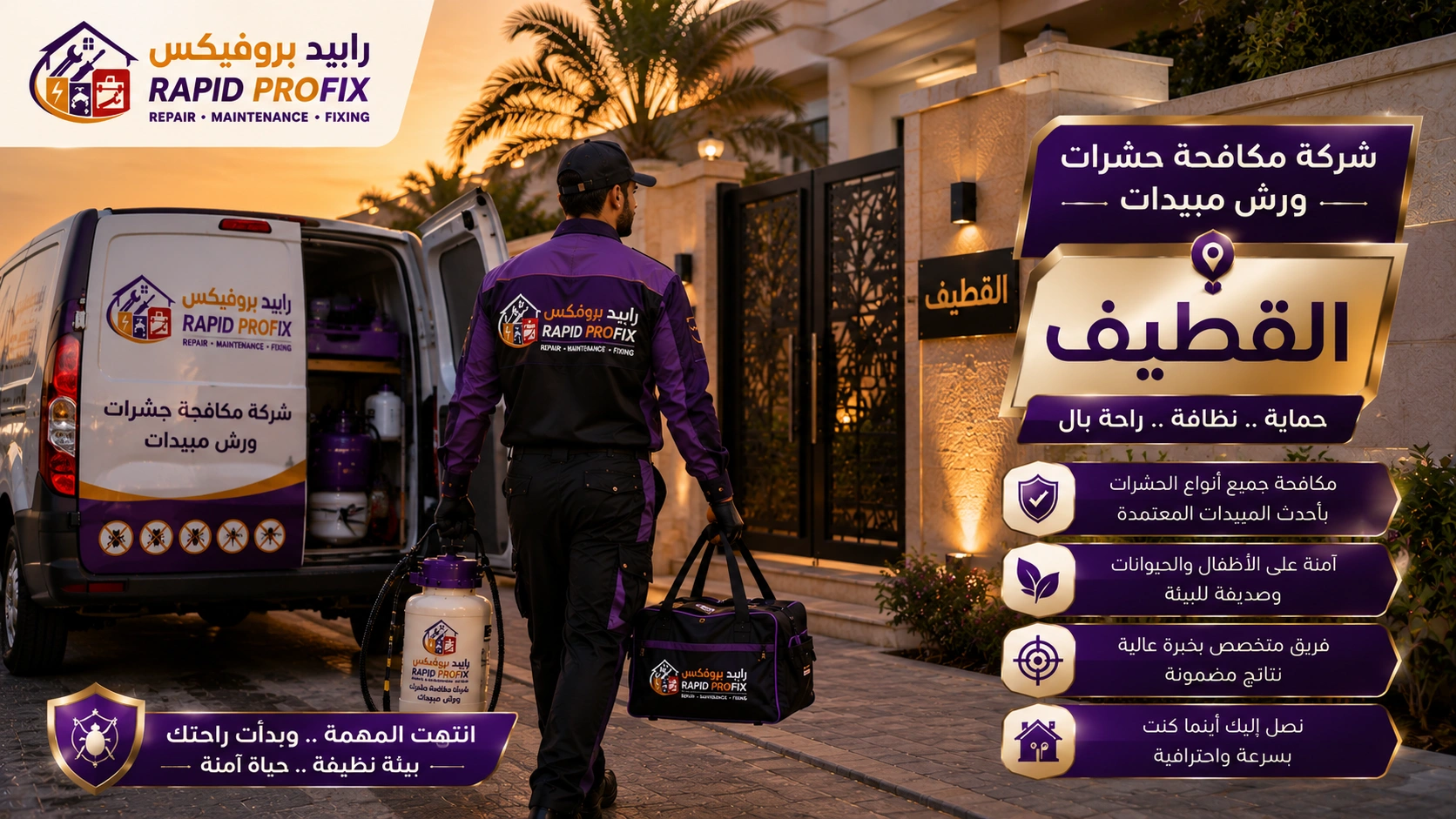 وصول فريق شركة مكافحة حشرات ورش مبيدات بالقطيف إلى موقع الخدمة مجهزًا بأحدث معدات رش المبيدات لبدء أعمال مكافحة الحشرات داخل المنازل والفلل والمنشآت.