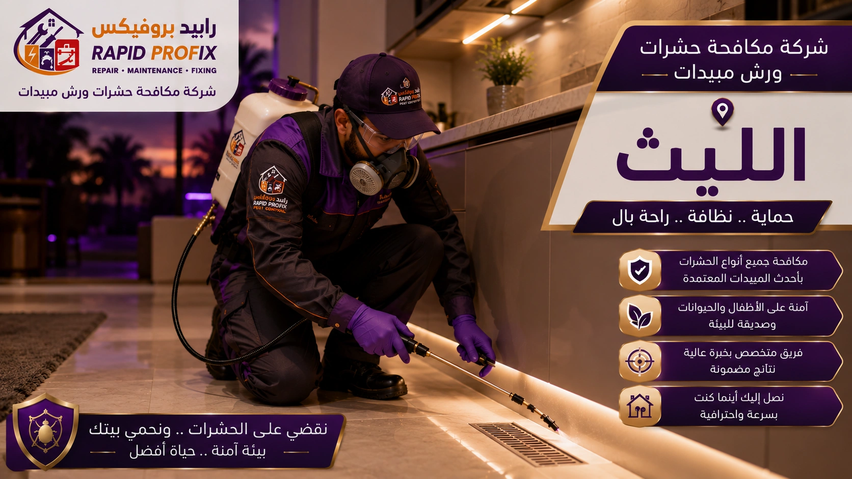 فني شركة مكافحة حشرات ورش مبيدات بالليث أثناء تنفيذ أعمال رش المبيدات ومكافحة الحشرات باستخدام أحدث المعدات والمبيدات المعتمدة داخل المنزل.