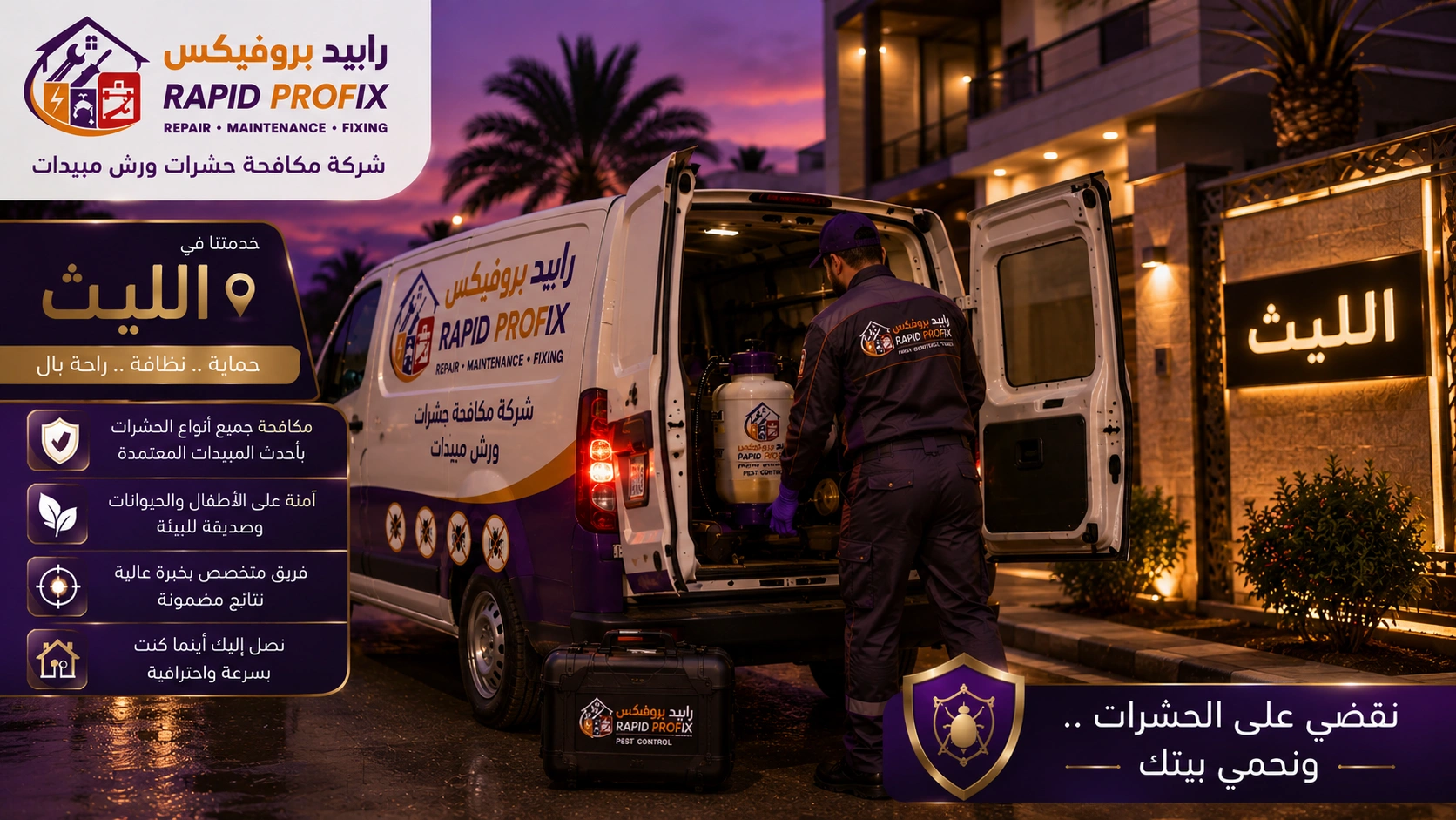 فني شركة مكافحة حشرات ورش مبيدات بالليث بعد الانتهاء من أعمال مكافحة الحشرات وتجهيز المعدات استعدادًا للمغادرة.