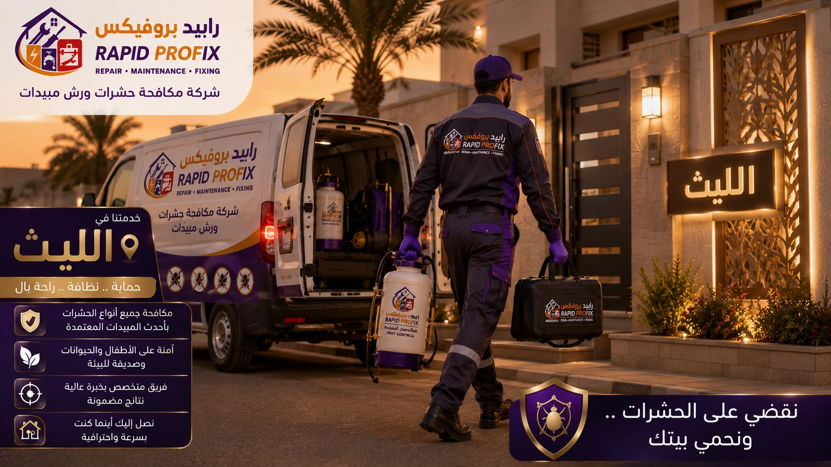 وصول فريق شركة مكافحة حشرات ورش مبيدات بالليث إلى موقع الخدمة مجهزًا بأحدث معدات رش المبيدات لبدء أعمال مكافحة الحشرات داخل المنازل والفلل والمنشآت.