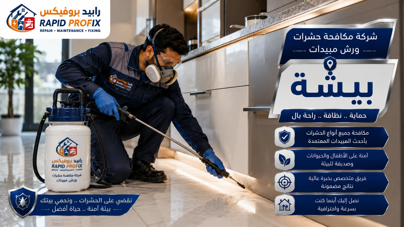 فني شركة مكافحة حشرات ورش مبيدات بيشة أثناء تنفيذ أعمال رش المبيدات ومكافحة الحشرات باستخدام أحدث المعدات والمبيدات المعتمدة داخل المنزل.