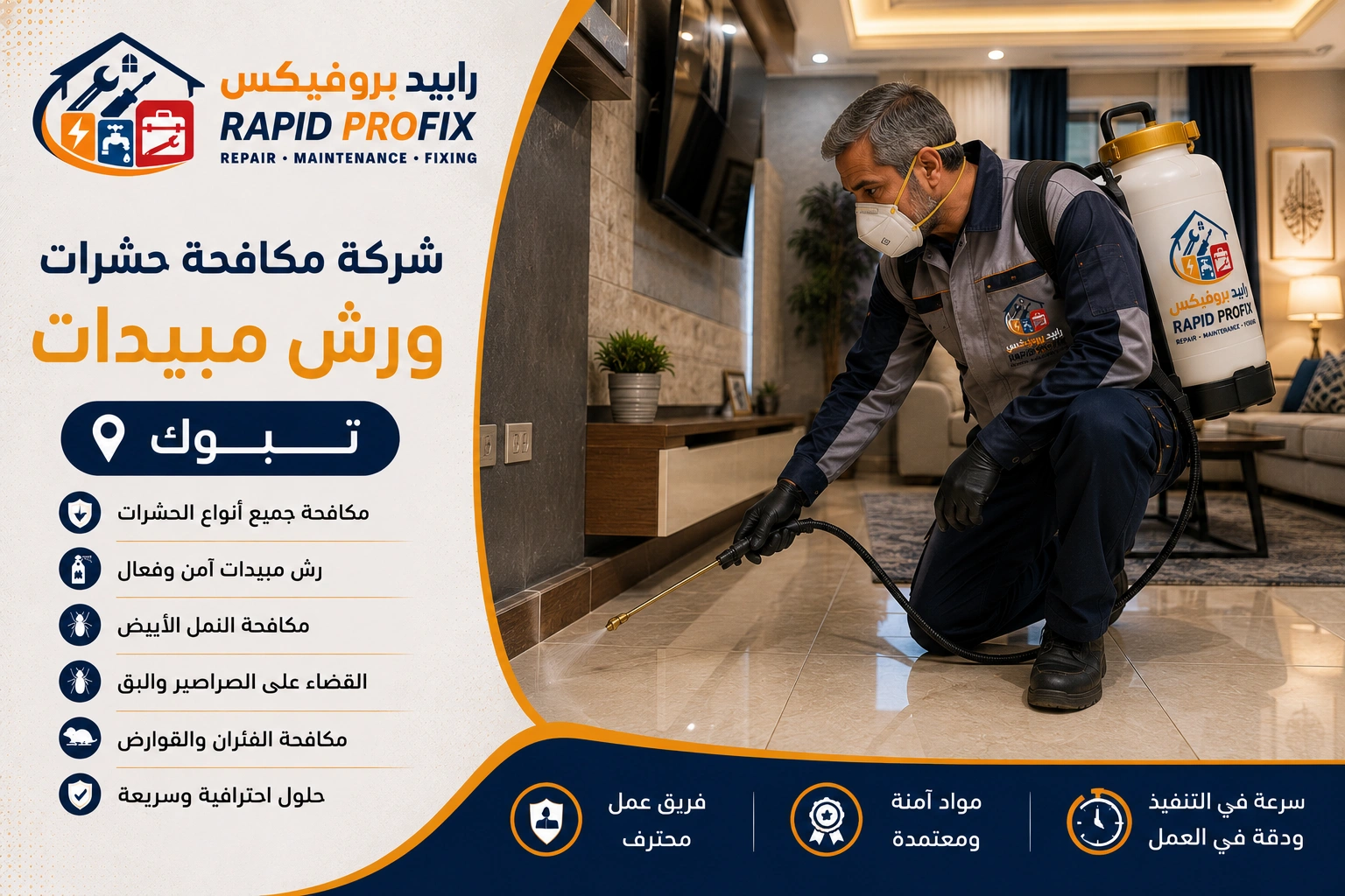 فني شركة مكافحة حشرات ورش مبيدات تبوك أثناء تنفيذ أعمال رش المبيدات ومكافحة الحشرات باستخدام أحدث المعدات والمبيدات المعتمدة داخل المنزل.