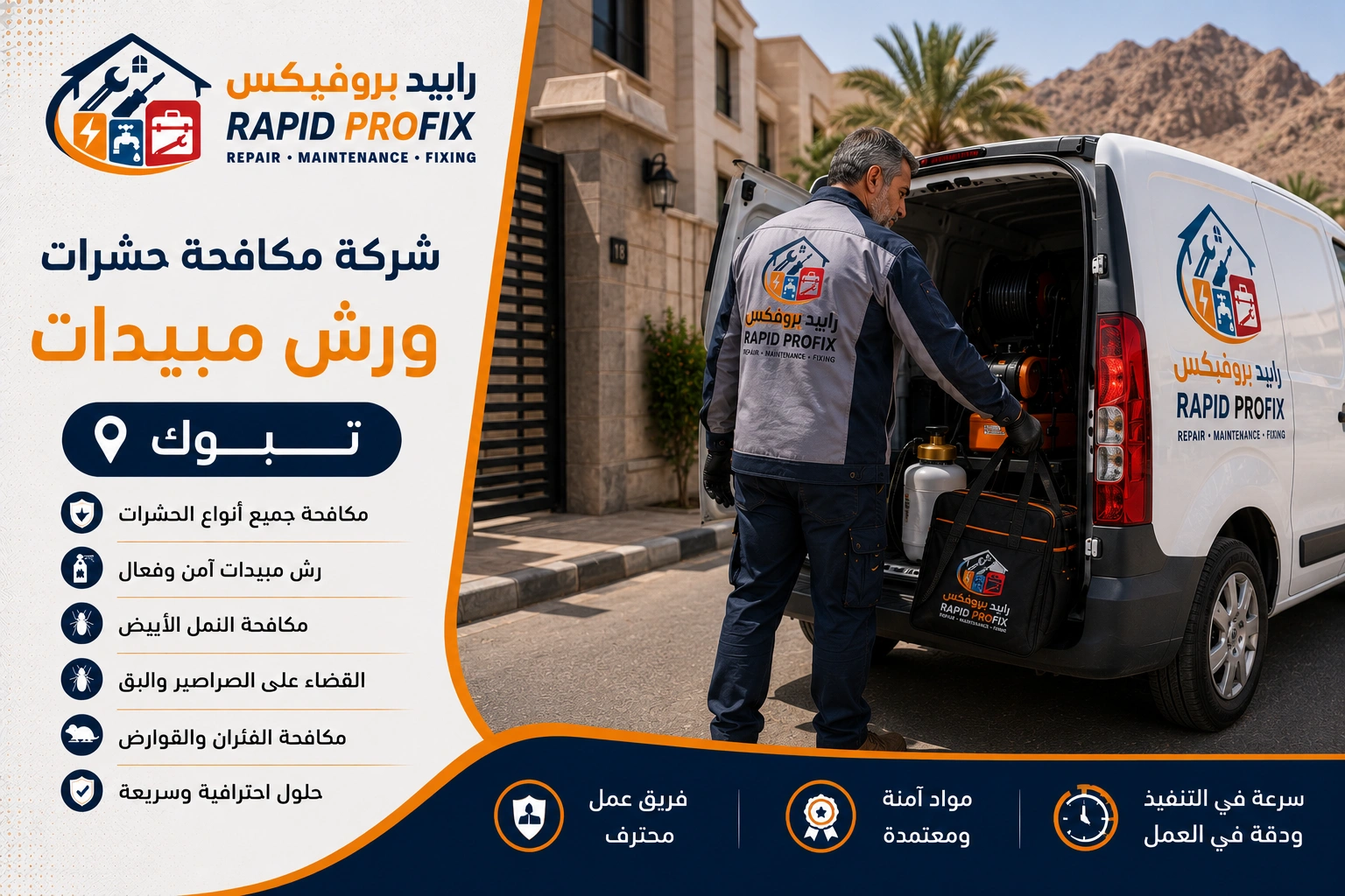 فني شركة مكافحة حشرات ورش مبيدات تبوك بعد الانتهاء من أعمال مكافحة الحشرات وتجهيز المعدات استعدادًا للمغادرة.