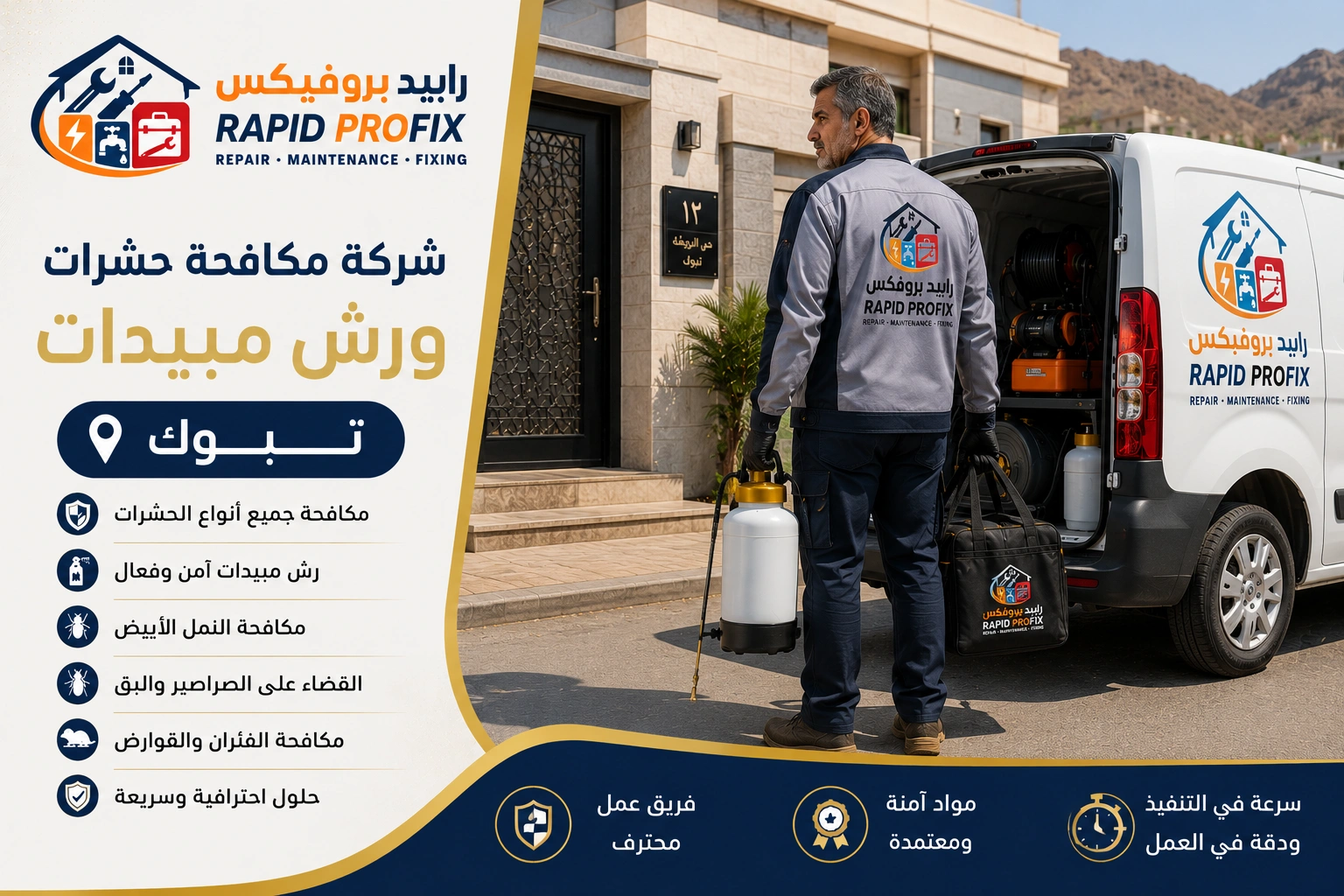 وصول فريق شركة مكافحة حشرات ورش مبيدات تبوك إلى موقع الخدمة مجهزًا بأحدث معدات رش المبيدات لبدء أعمال مكافحة الحشرات داخل المنازل والفلل والمنشآت.