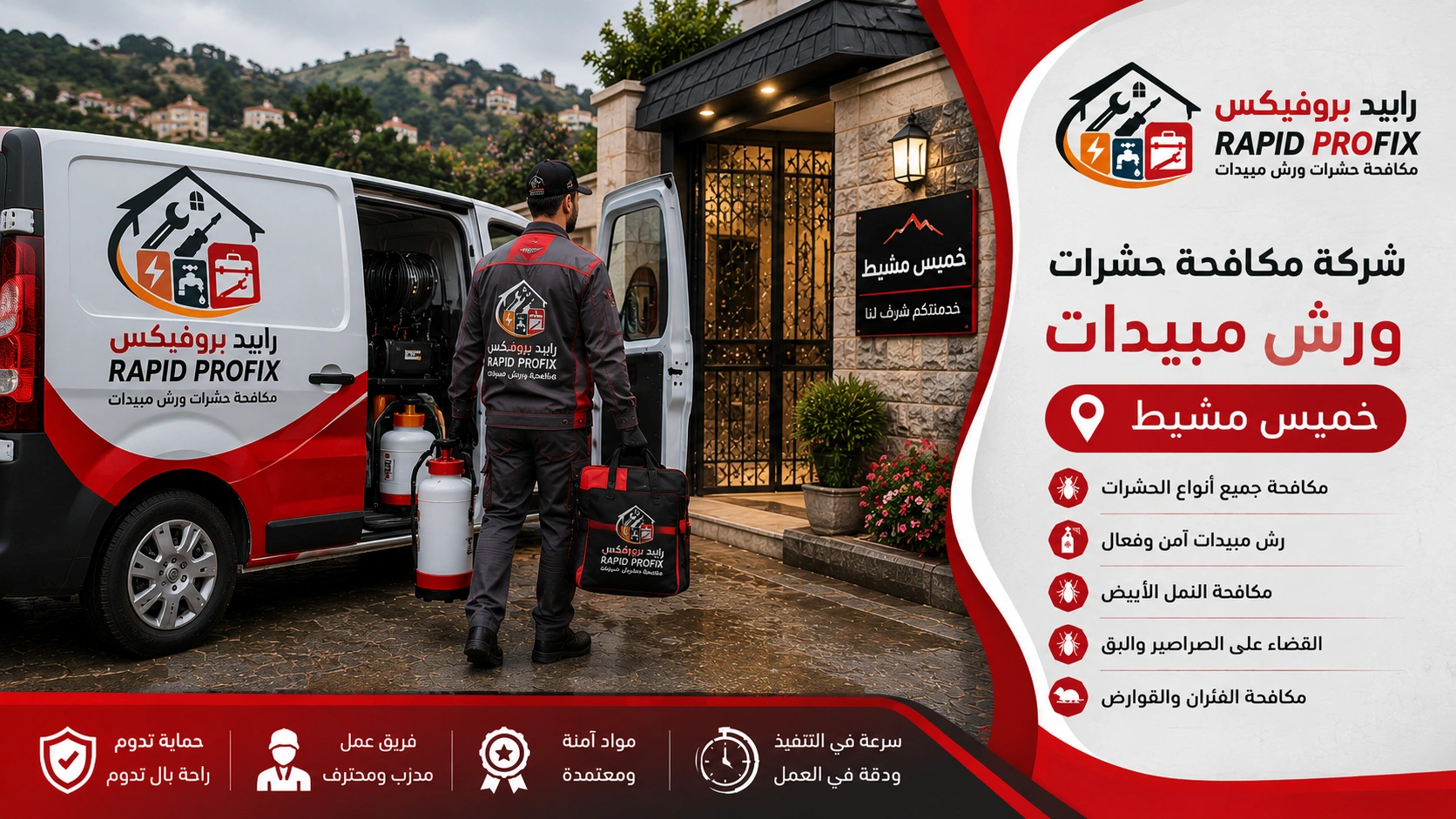 فني شركة مكافحة حشرات ورش مبيدات خميس مشيط بعد الانتهاء من أعمال مكافحة الحشرات وتجهيز المعدات استعدادًا للمغادرة.