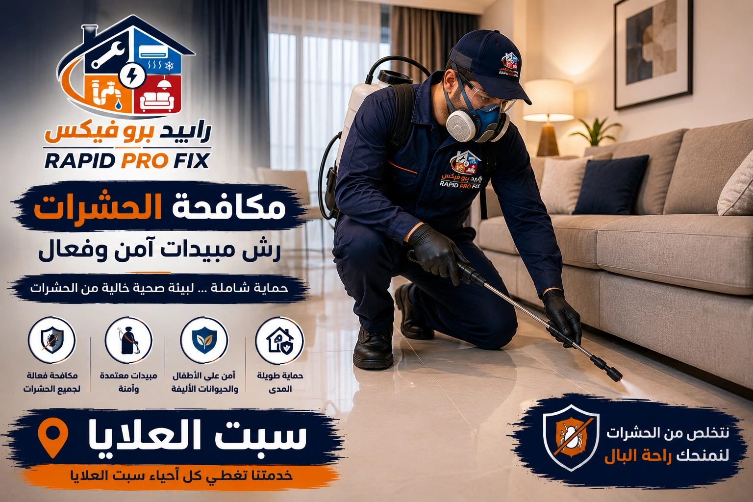فني شركة مكافحة حشرات ورش مبيدات سبت العلايا أثناء تنفيذ أعمال رش المبيدات ومكافحة الحشرات باستخدام أحدث المعدات والمبيدات المعتمدة داخل المنزل.