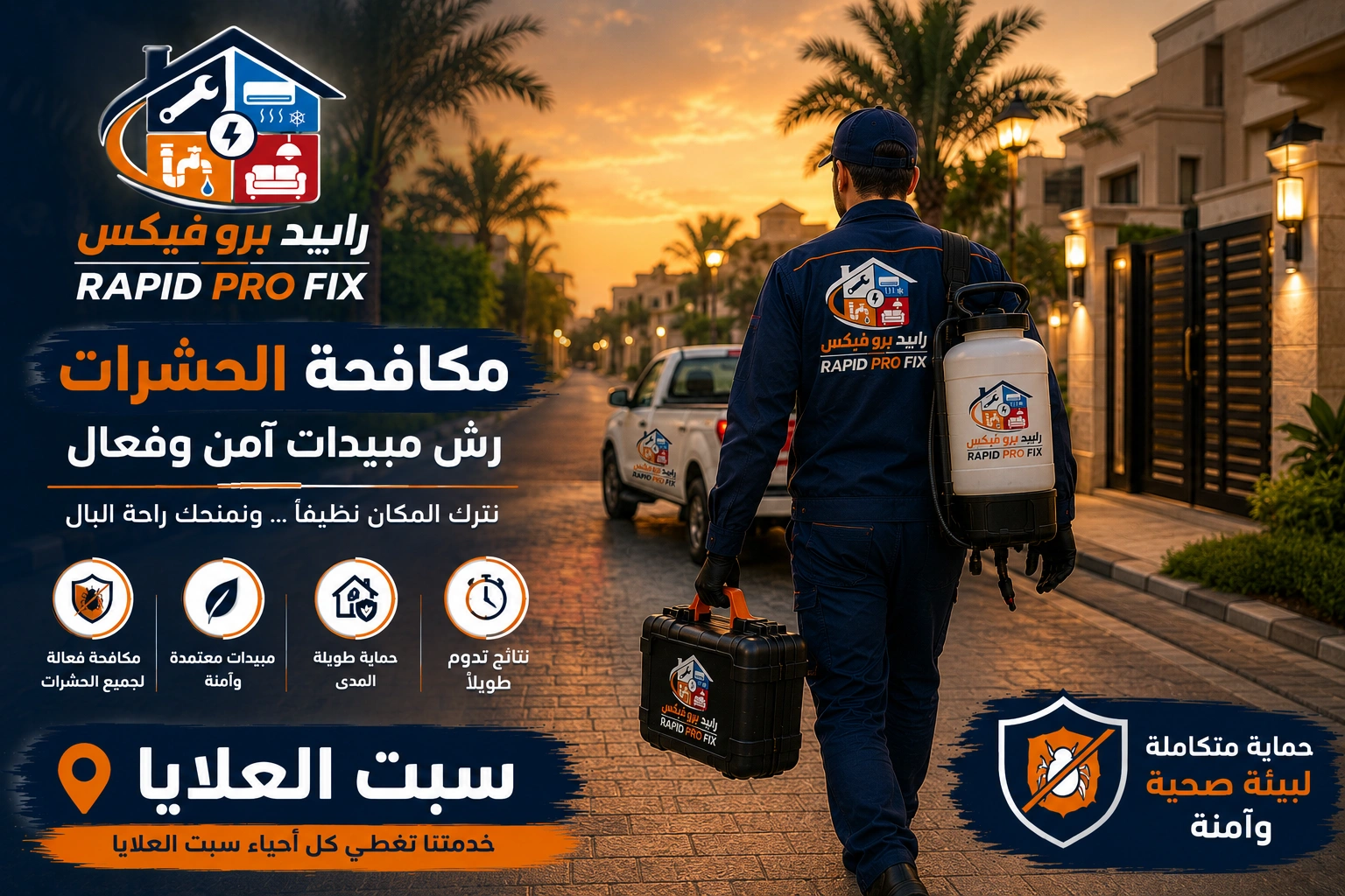 فني شركة مكافحة حشرات ورش مبيدات سبت العلايا بعد الانتهاء من أعمال مكافحة الحشرات وتجهيز المعدات استعدادًا للمغادرة.