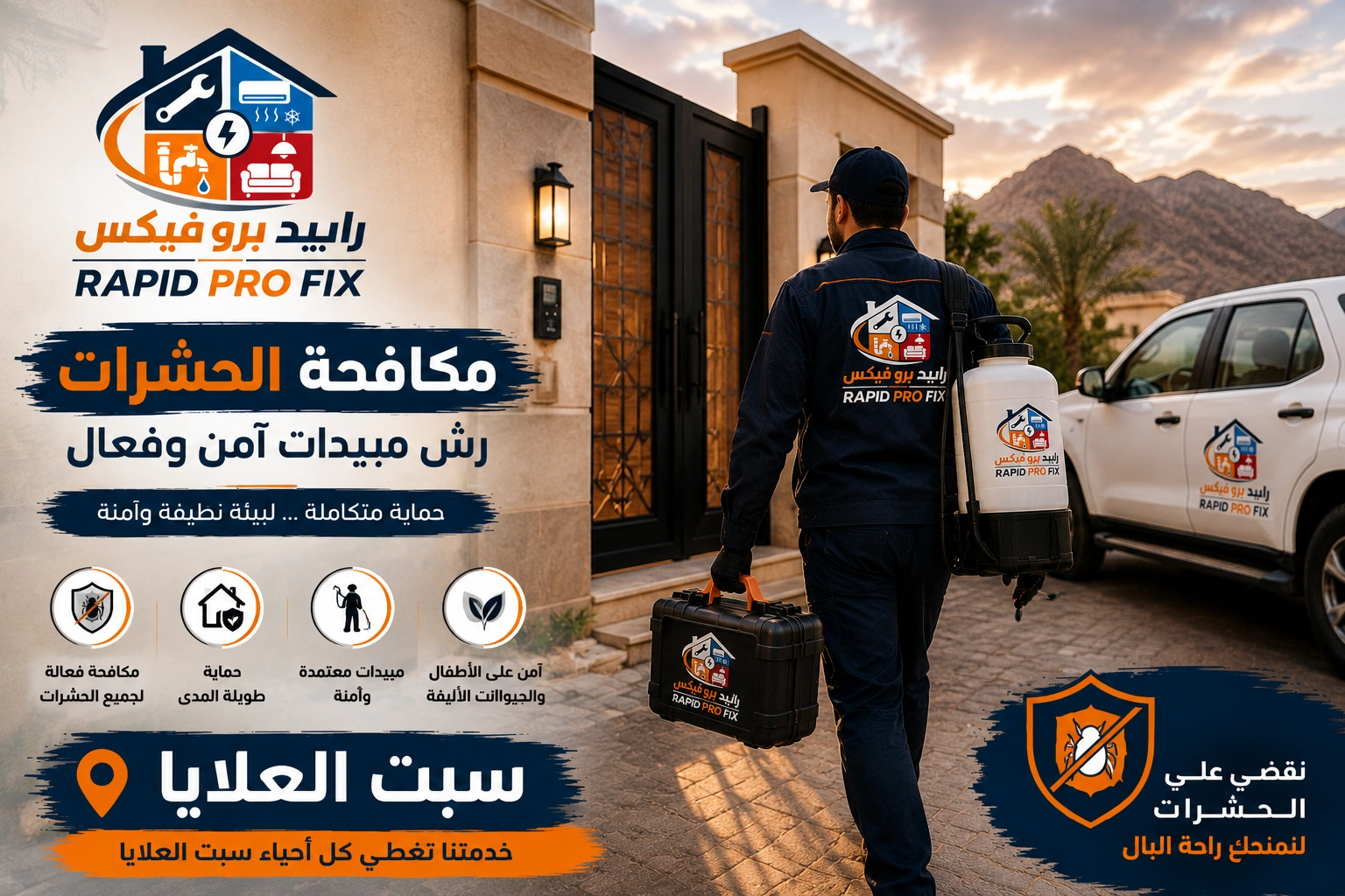 وصول فريق شركة مكافحة حشرات ورش مبيدات سبت العلايا إلى موقع الخدمة مع تجهيز أحدث معدات رش المبيدات لبدء أعمال مكافحة الحشرات داخل المنازل والفلل والمنشآت.