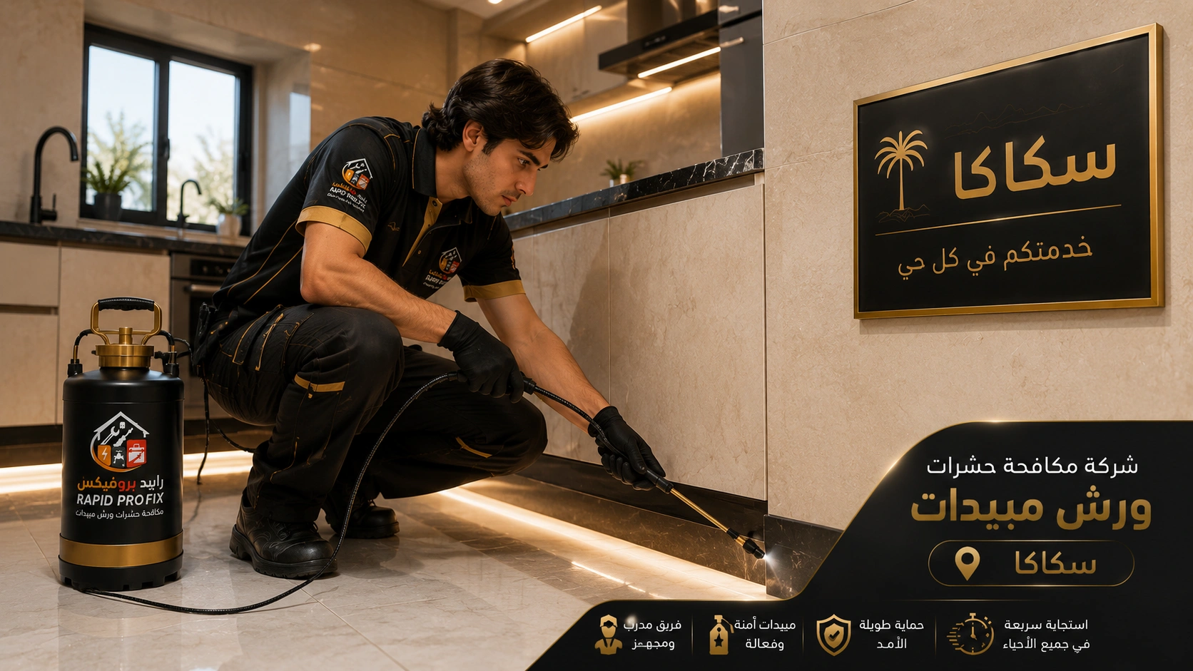 فني شركة مكافحة حشرات ورش مبيدات سكاكا أثناء تنفيذ أعمال رش المبيدات ومكافحة الحشرات باستخدام أحدث المعدات والمبيدات المعتمدة داخل المنزل.