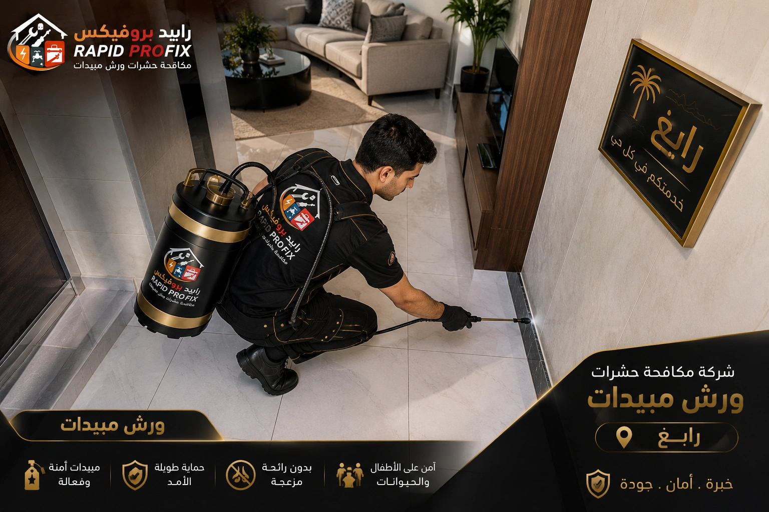 فني شركة مكافحة حشرات ورش مبيدات رابغ أثناء تنفيذ أعمال رش المبيدات ومكافحة الحشرات باستخدام أحدث المعدات والمبيدات المعتمدة داخل المنزل.