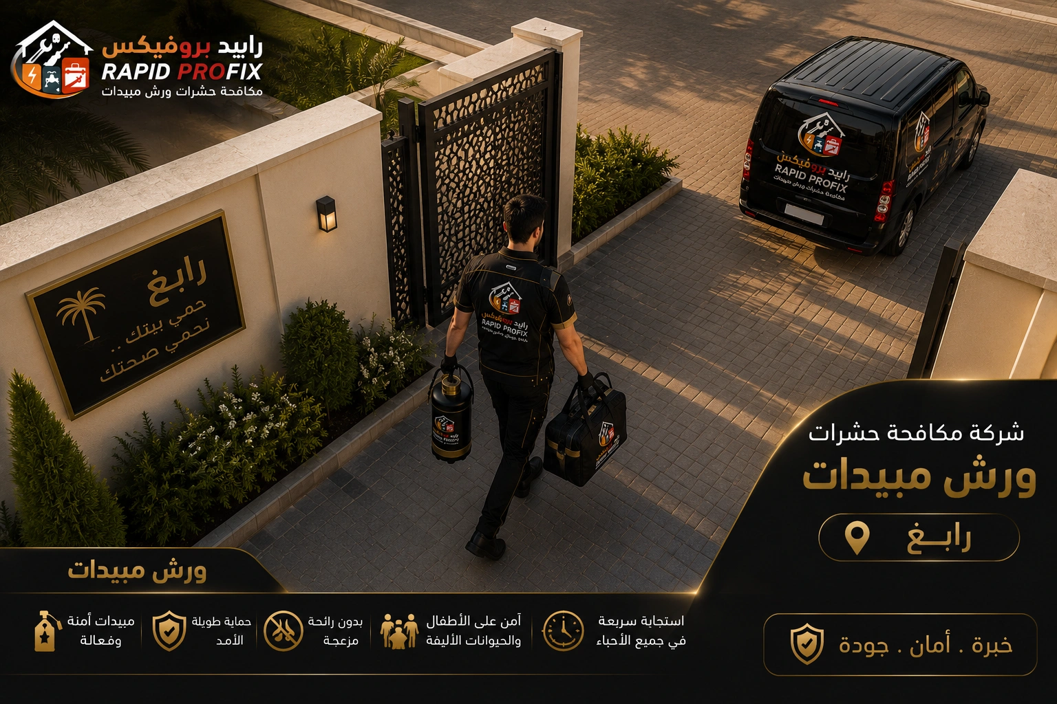 فني شركة مكافحة حشرات ورش مبيدات رابغ بعد الانتهاء من أعمال مكافحة الحشرات وتجهيز المعدات استعدادًا للمغادرة.