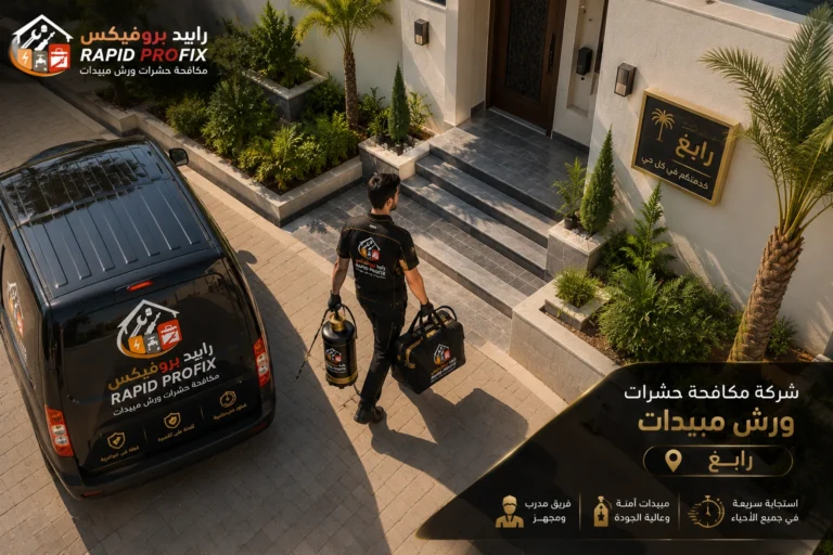 وصول فريق شركة مكافحة حشرات ورش مبيدات رابغ إلى موقع الخدمة مجهزًا بأحدث معدات رش المبيدات لبدء أعمال مكافحة الحشرات داخل المنازل والفلل والمنشآت.