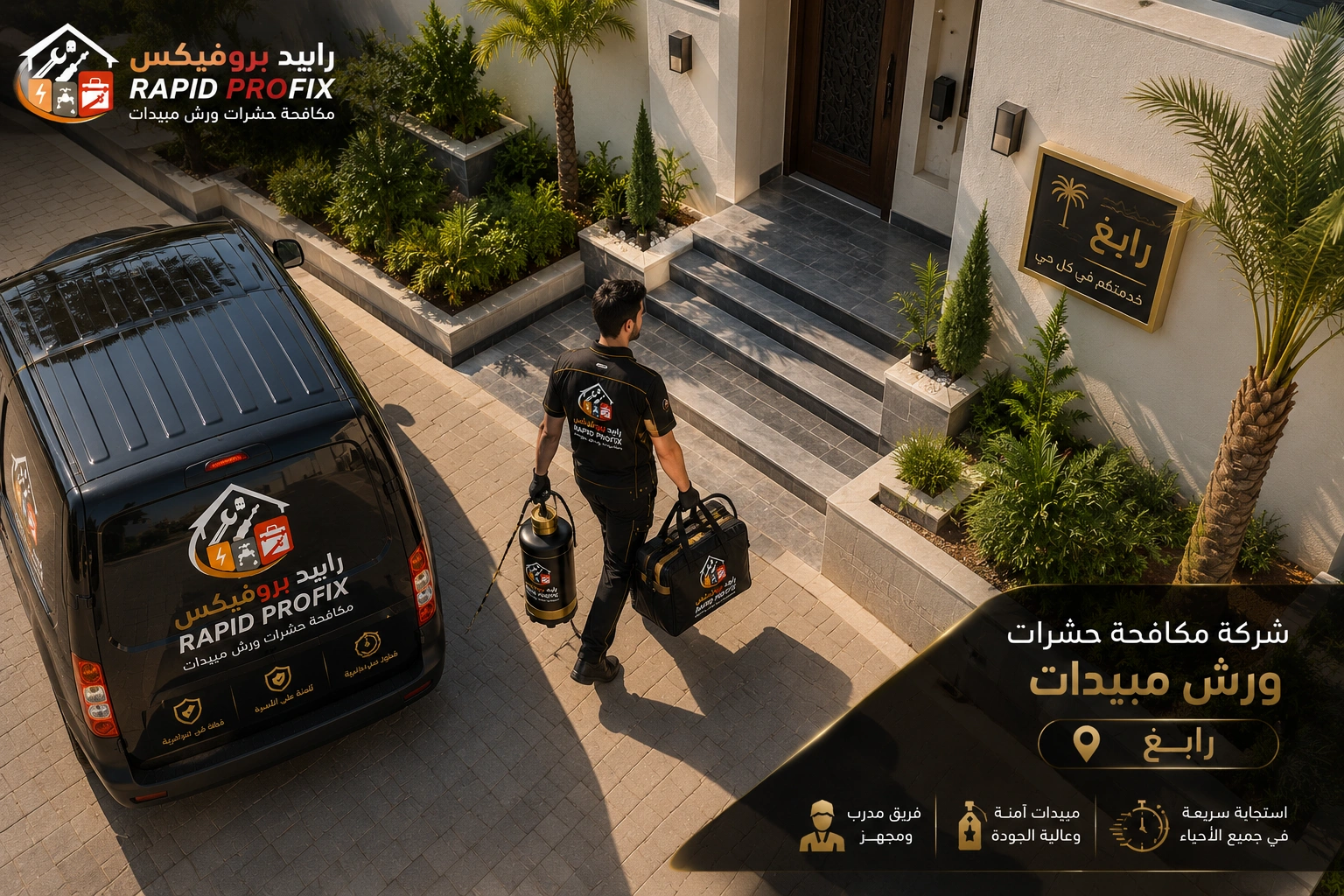 وصول فريق شركة مكافحة حشرات ورش مبيدات رابغ إلى موقع الخدمة مجهزًا بأحدث معدات رش المبيدات لبدء أعمال مكافحة الحشرات داخل المنازل والفلل والمنشآت.