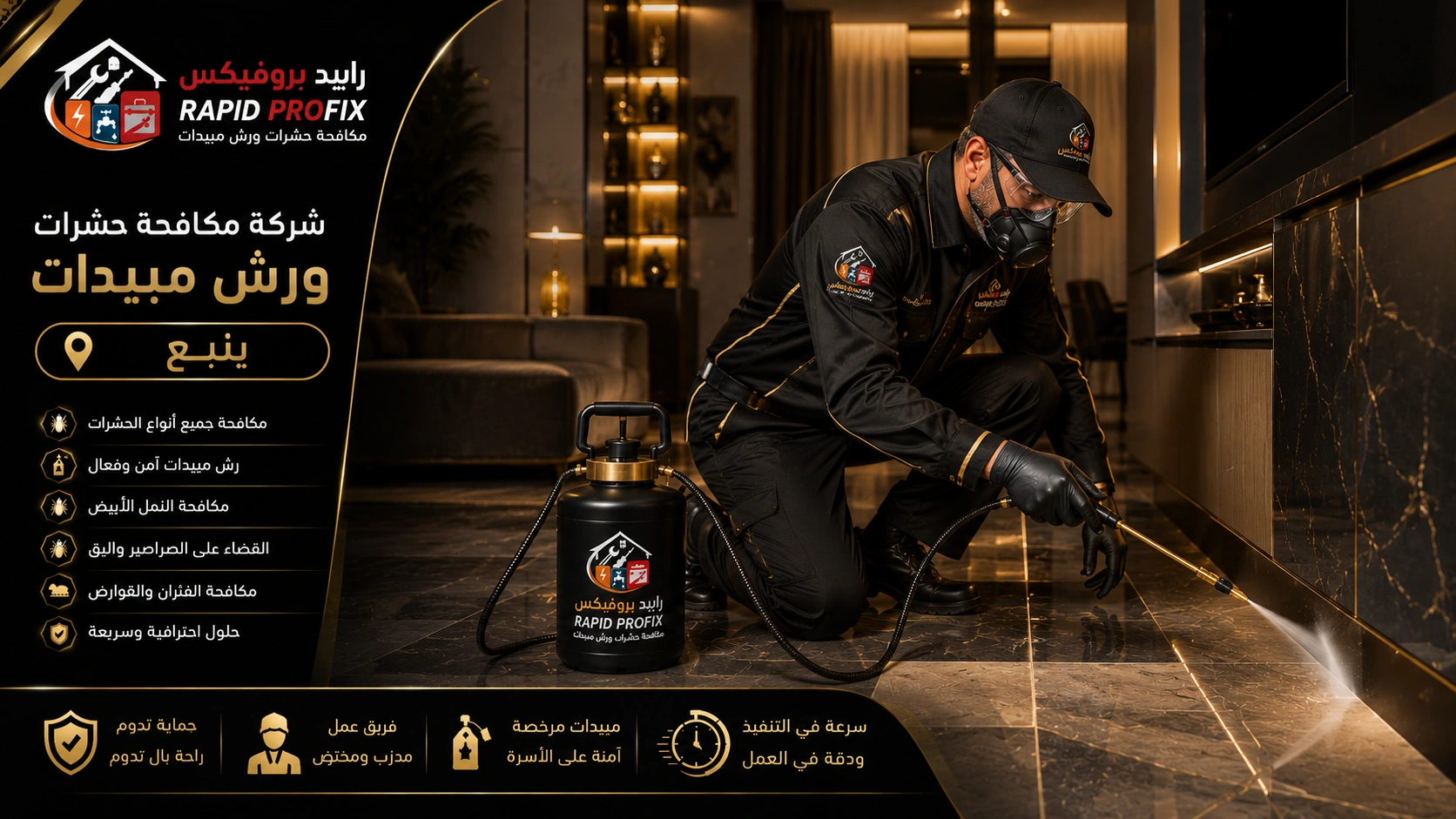 فني شركة مكافحة حشرات ورش مبيدات ينبع أثناء تنفيذ أعمال رش المبيدات ومكافحة الحشرات باستخدام أحدث المعدات والمبيدات المعتمدة داخل المنزل.