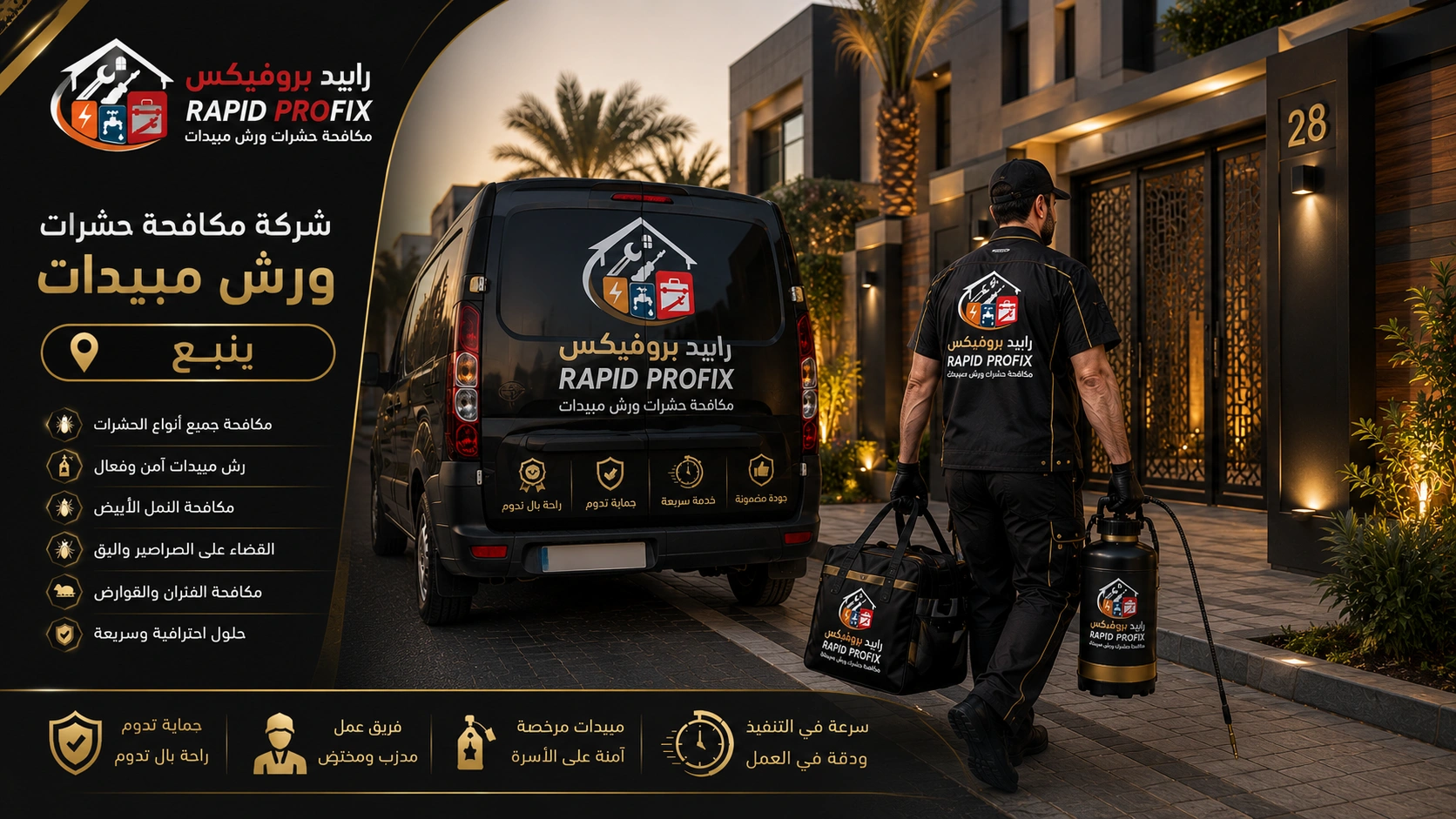وصول فريق شركة مكافحة حشرات ورش مبيدات ينبع إلى موقع الخدمة مجهزًا بأحدث معدات رش المبيدات لبدء أعمال مكافحة الحشرات داخل المنازل والفلل والمنشآت.