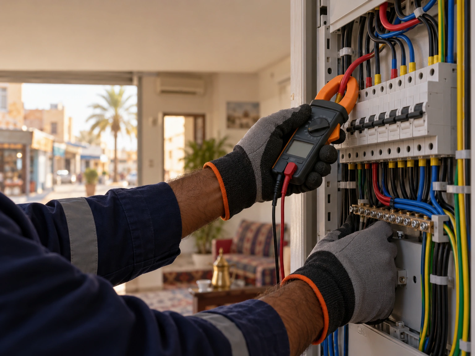 فني يفحص قواطع لوحة الكهرباء بجهاز الكلامب ميتر أثناء صيانة عطل بأبو عريش