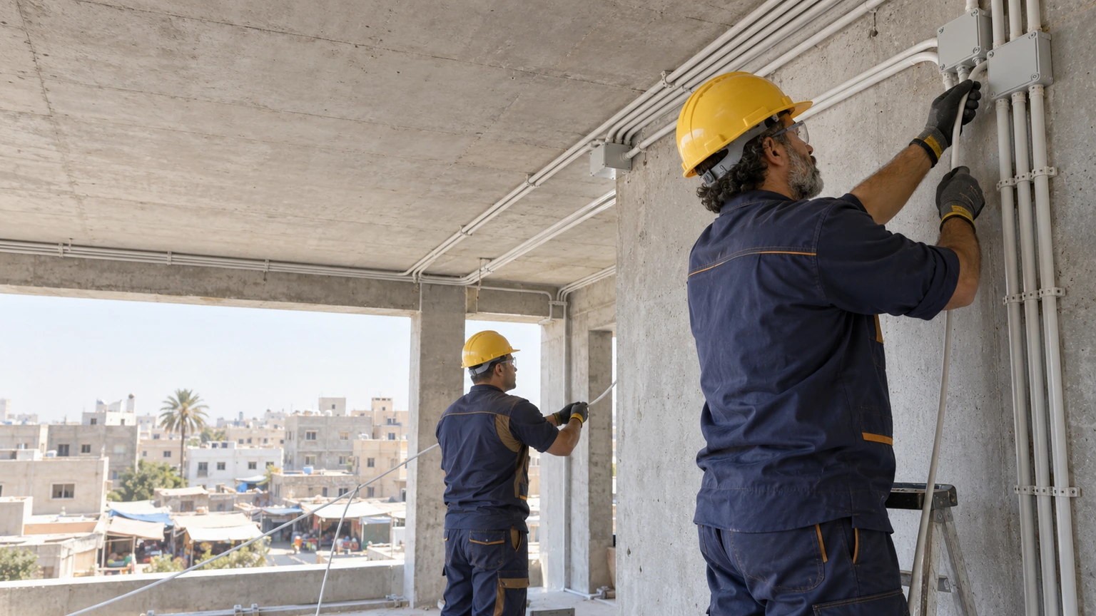 تمديد مواسير وعلب الكهرباء داخل مبنى تحت الإنشاء بأبو عريش