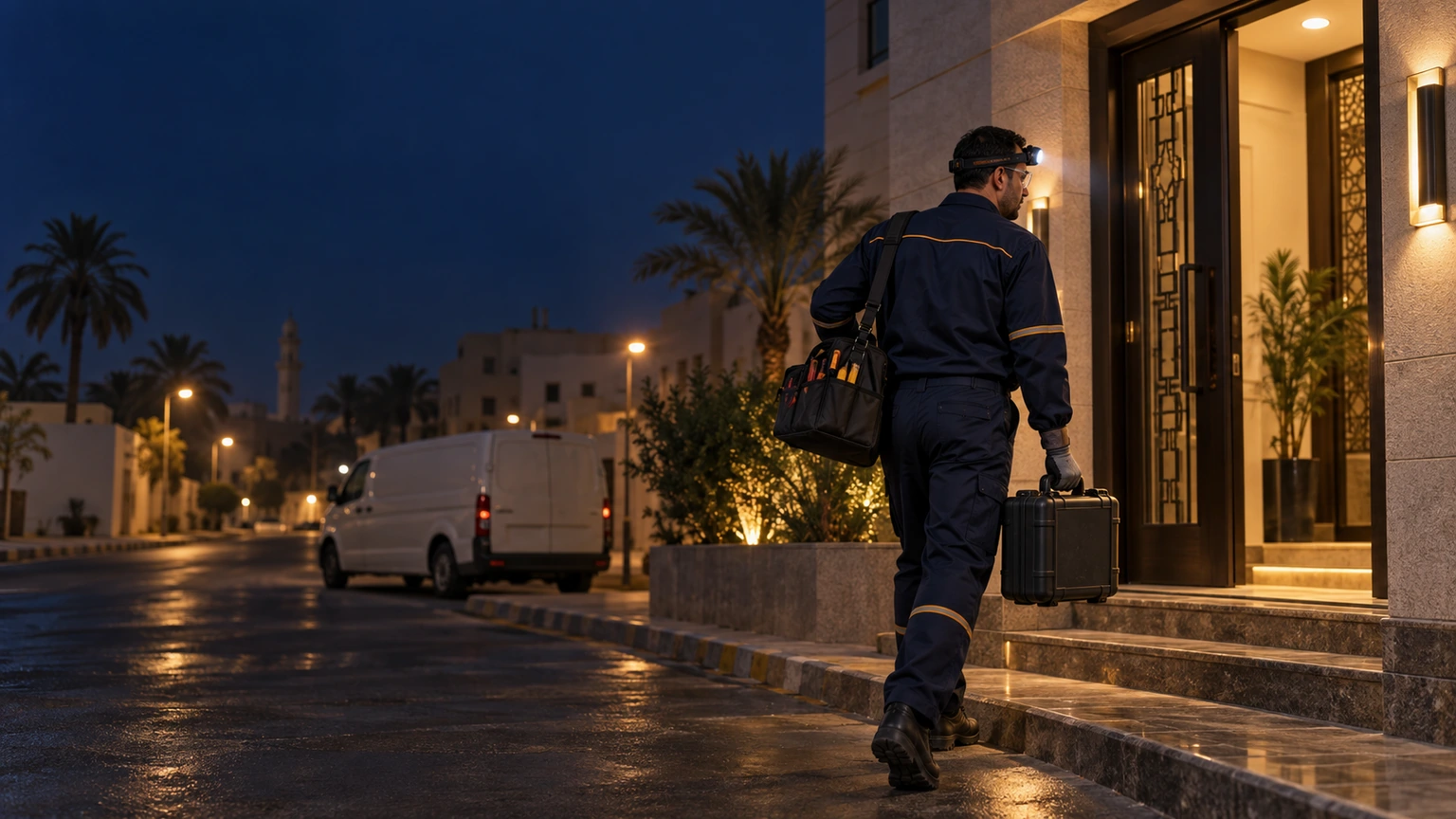 كهربائي طوارئ يصل ليلاً بحقيبة عدته إلى مدخل مبنى سكني بأبو عريش