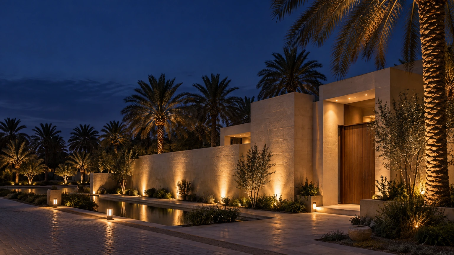 إنارة المزارع والاستراحات بالأحساء إنارة خارجية لواجهة استراحة ومزرعة مع وحدات أرضية وإنارة ممرات بالأحساء