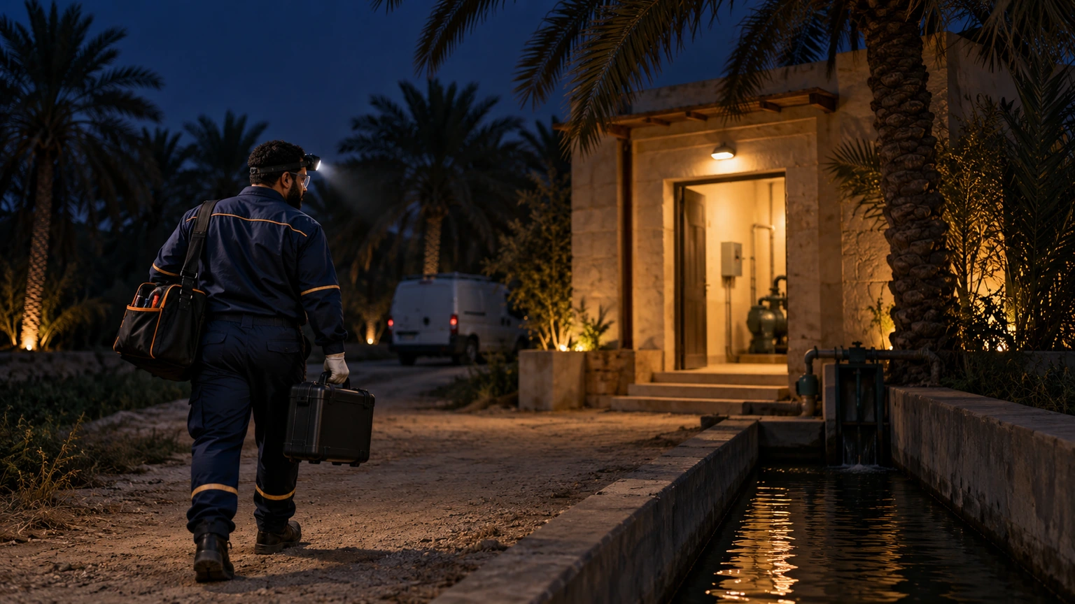 كهربائي طوارئ 24 ساعة بالأحساء كهربائي طوارئ يصل ليلاً بحقيبة عدته إلى مدخل مبنى سكني بالأحساء