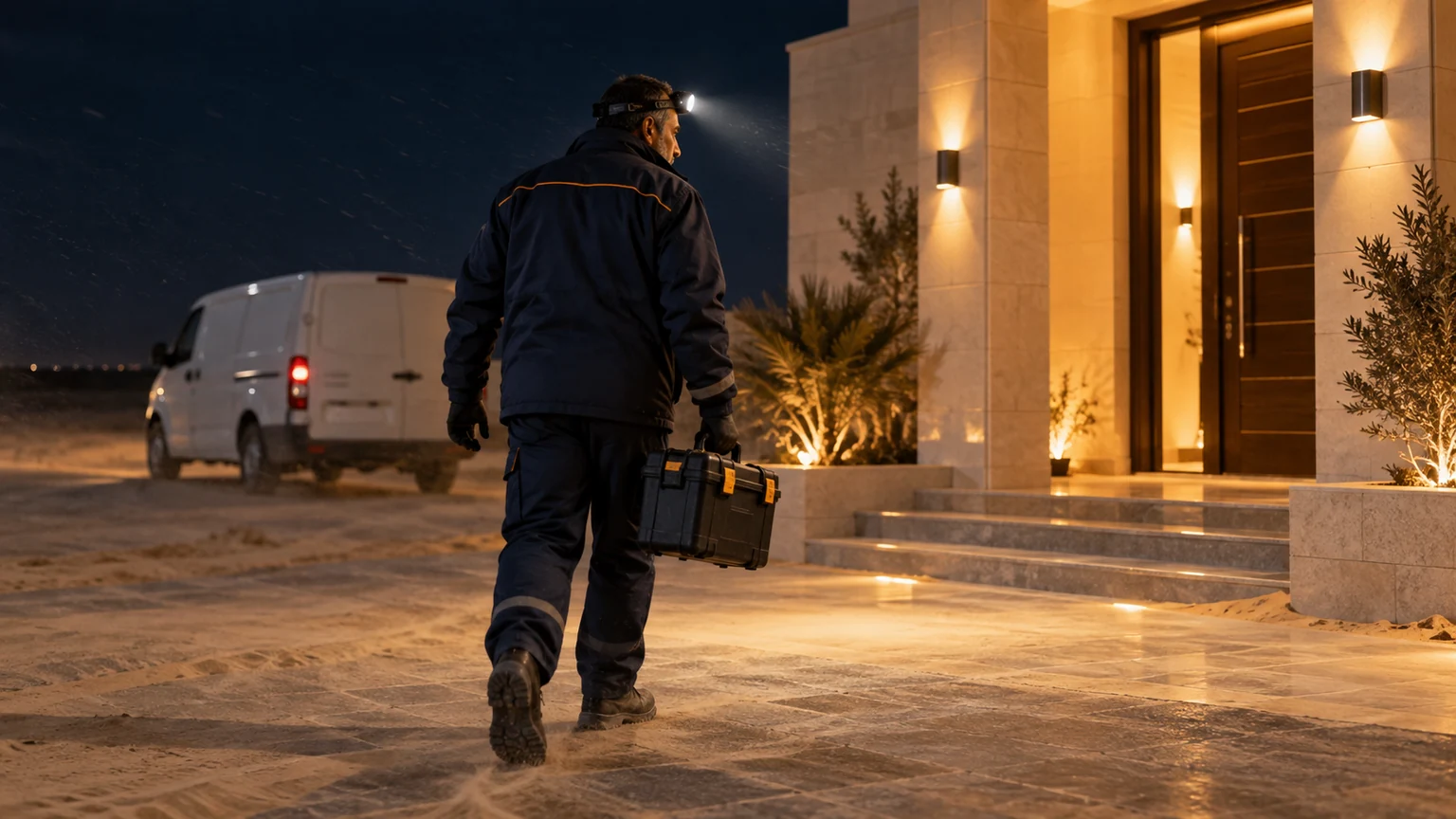 كهربائي طوارئ 24 ساعة بعرعر كهربائي طوارئ يصل ليلاً بحقيبة عدته إلى منزل بعرعر